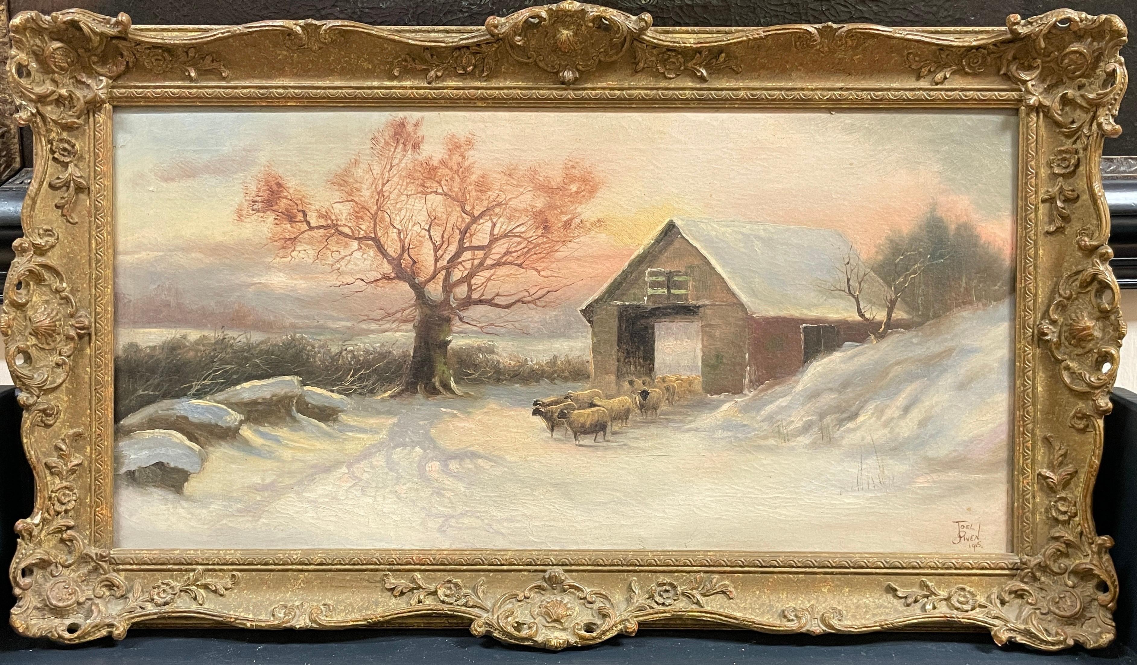 Joel Owen Animal Painting - Sheep in Winter Snow Sunrise Farm Landscape Antique British Oil Painting, signed