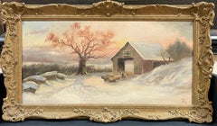 Sheep in Winter Snow Sunrise Farm Landscape Antique British Oil Painting, signed