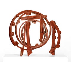 "Red Round" Abstract, Industrial Bronze Metal Sculpture by Joel Perlman