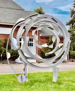"Wunderrad" Abstrakte, industrielle Stahl-Metall-Skulptur für den Außenbereich