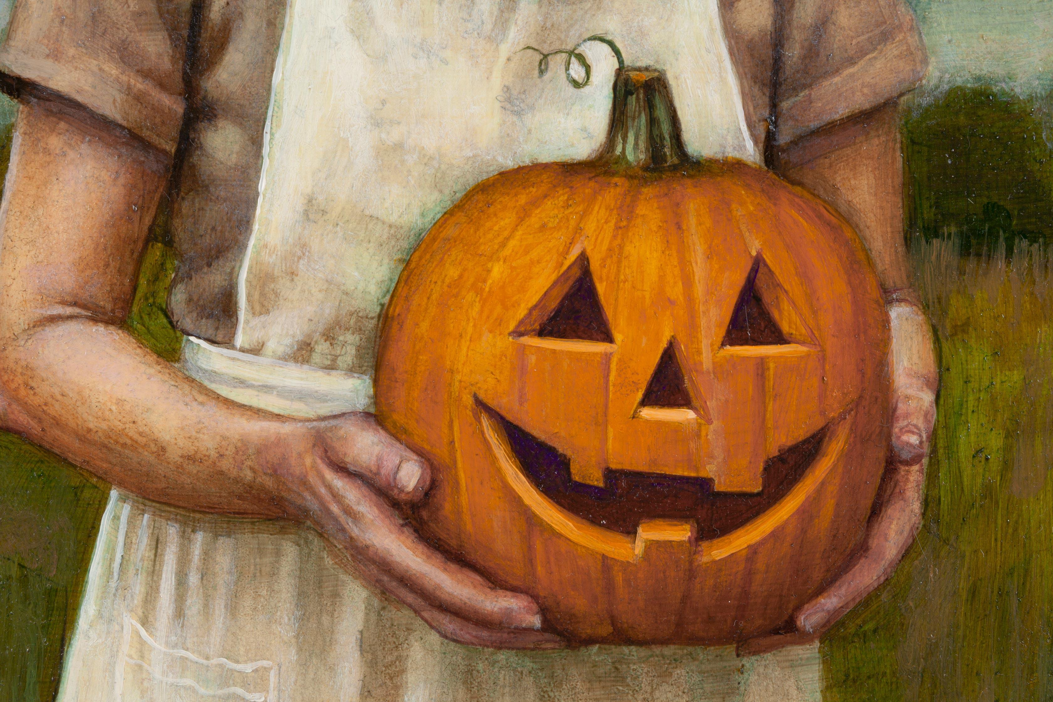 Pumpkin Carver - Brown Figurative Painting by Joel Sager