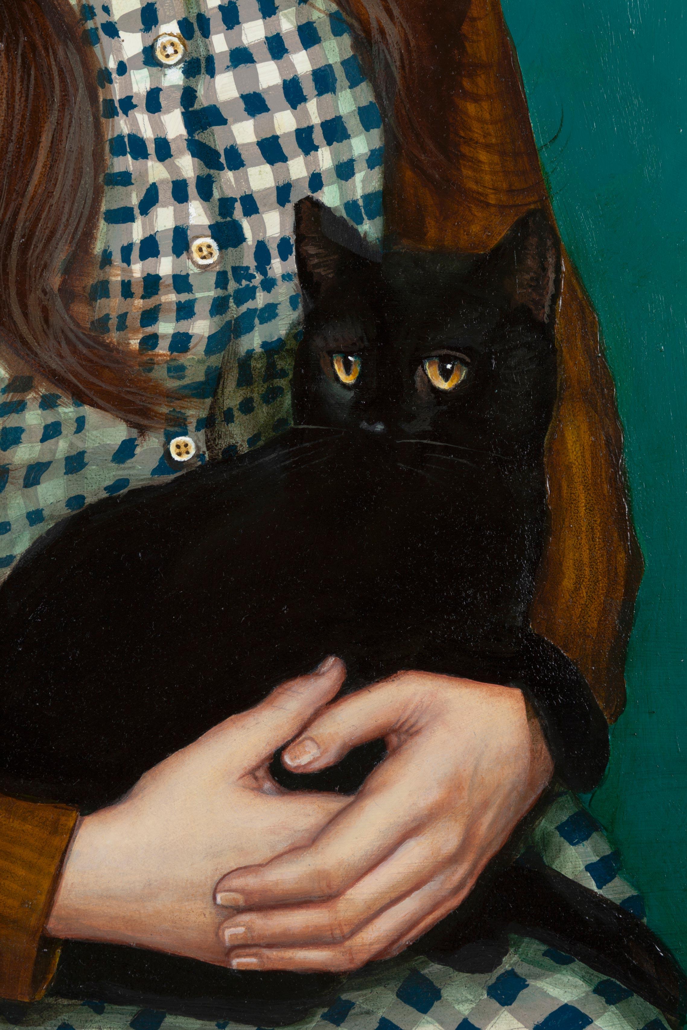 Zoe with a Black Cat and Starling - Contemporary Painting by Joel Sager