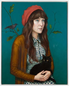 Zoe with a Black Cat and Starling