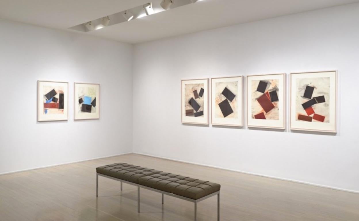 Joel Shapiro's post-minimalist work often references the human body, in a variety of poses, represented by geometric forms. In Untitled, 1992, a rust-red rectangle supports three black rectangles piled at varying angles. The forms have light,