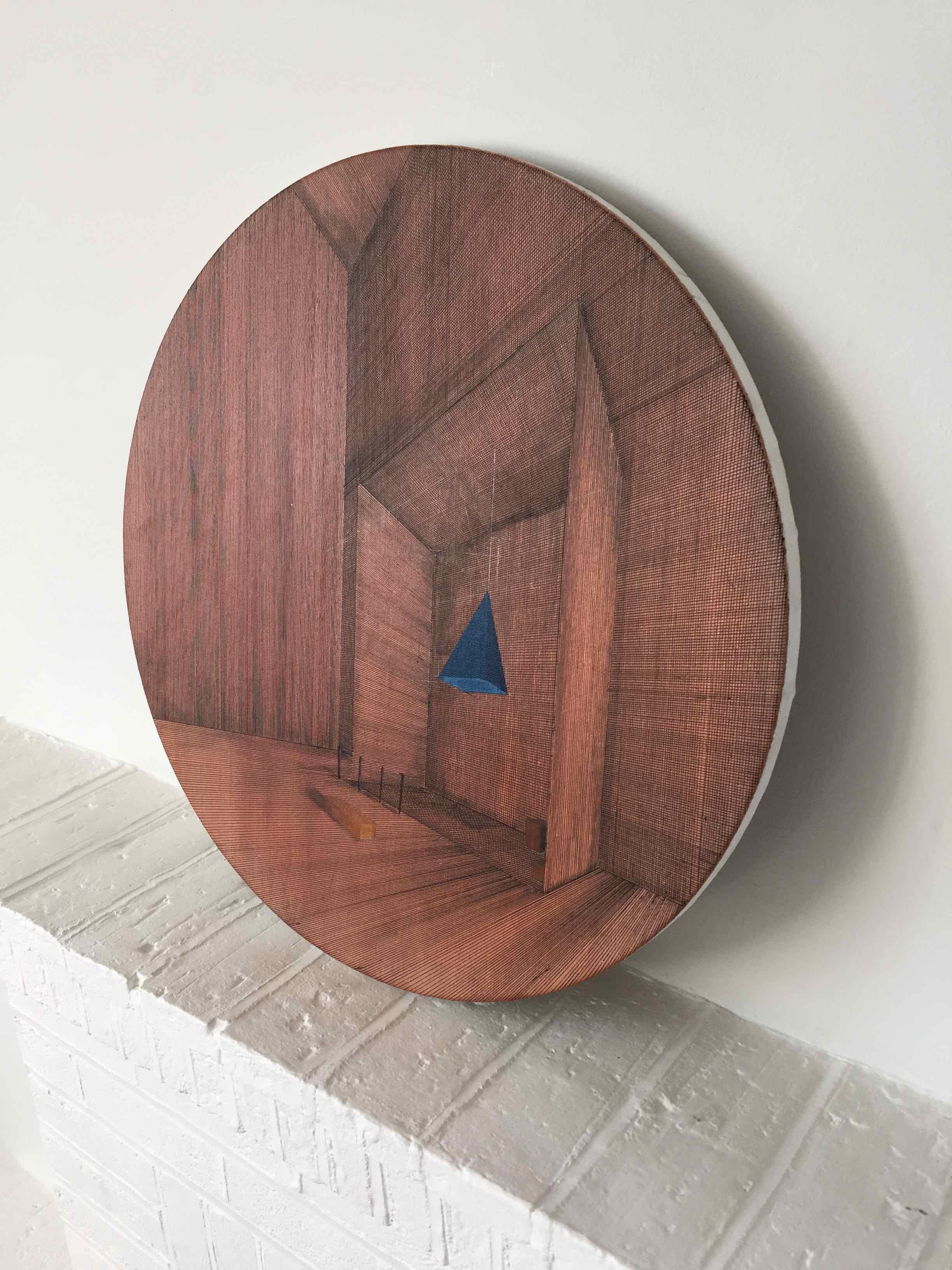 Hung, 2014, Oil, acrylic and pen on canvas on board, 13 4/5 in diameter; 35 cm diameter by Joella Wheatley

This perfectly round drawing/painting sits flat on the wall and the viewer is invited to move in close to examine the fine perspective line