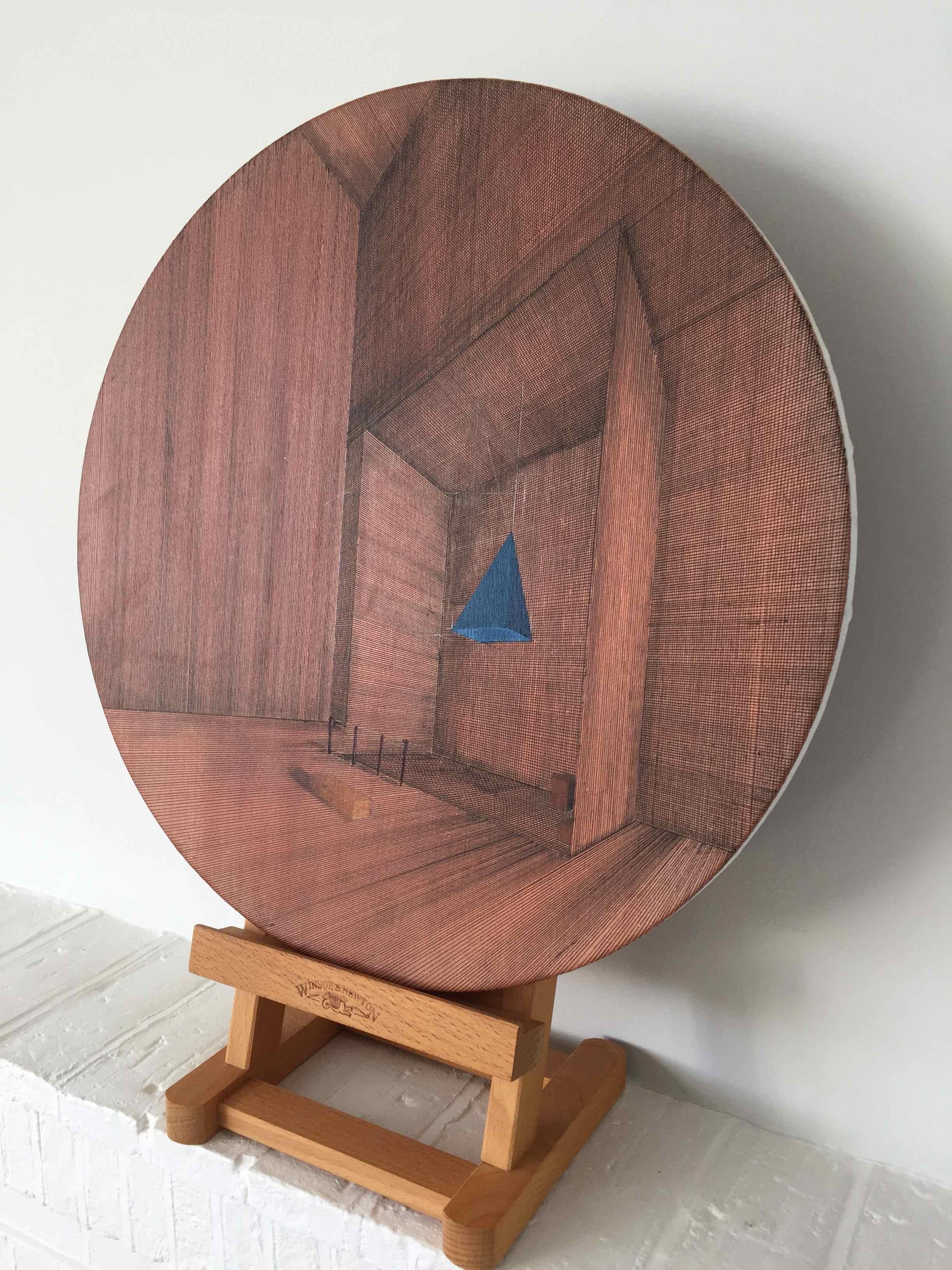 Hung: Round Perspective Drawing/Painting of Imaginary Spaces by Joella Wheatley For Sale 2