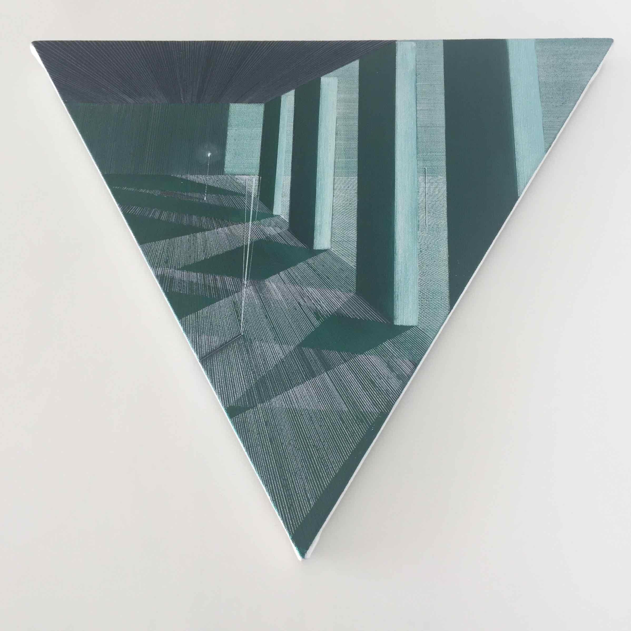 Hypnotise to Darkness by Joella Wheatley, 2016, Oil, acrylic and pen on canvas, stretched over board

This triangular-shaped drawing/painting sits flat on the wall and the viewer is invited to move in close to examine the fine perspective line