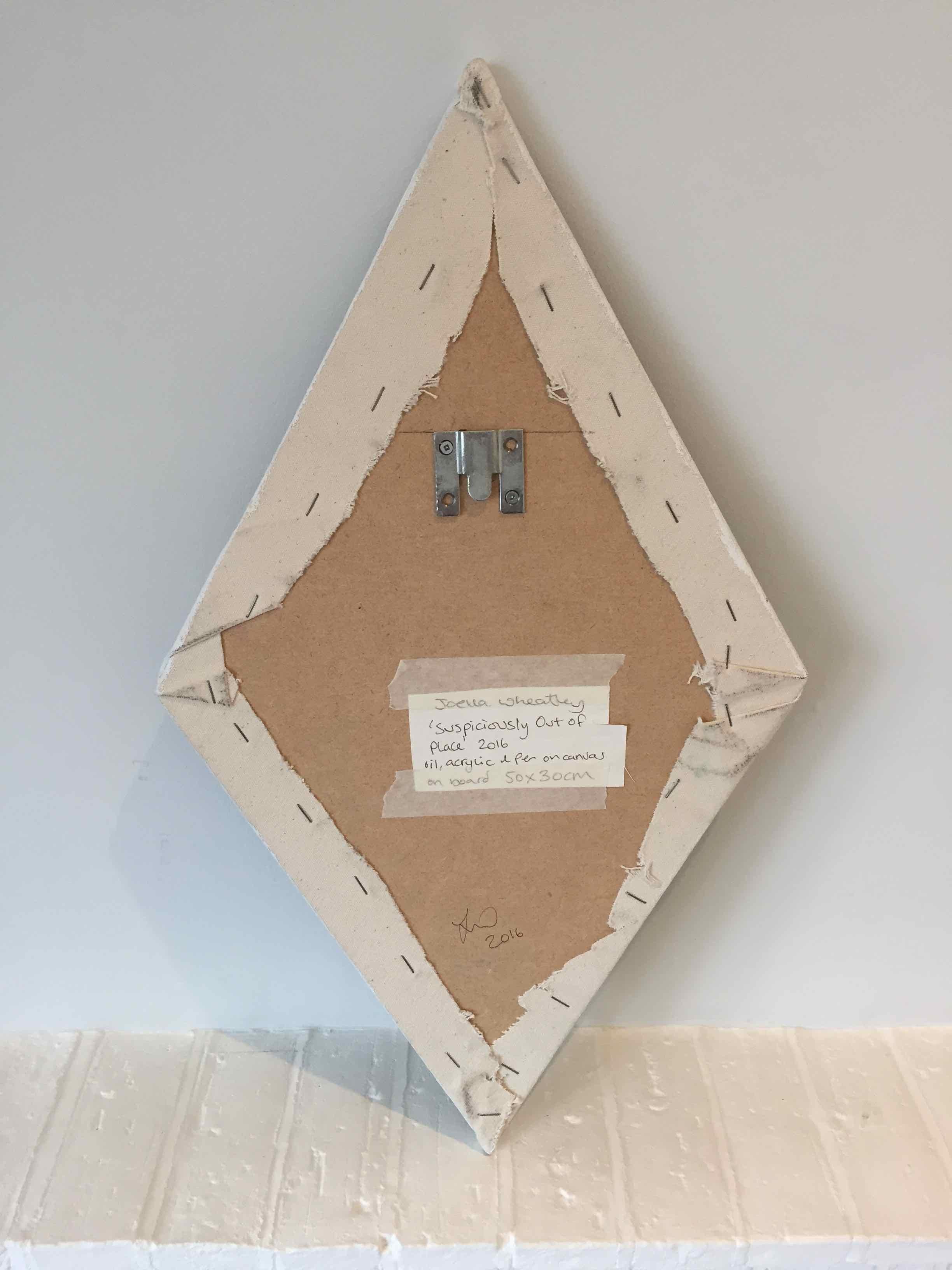 Suspiciously Out of Place by Joella Wheatley, 2016, Oil, acrylic and pen on canvas, stretched over board, 11 4/5 × 9 4/5 in; 30 × 25 cm

This diamond-shaped drawing/painting sits flat on the wall and the viewer is invited to move in close to examine