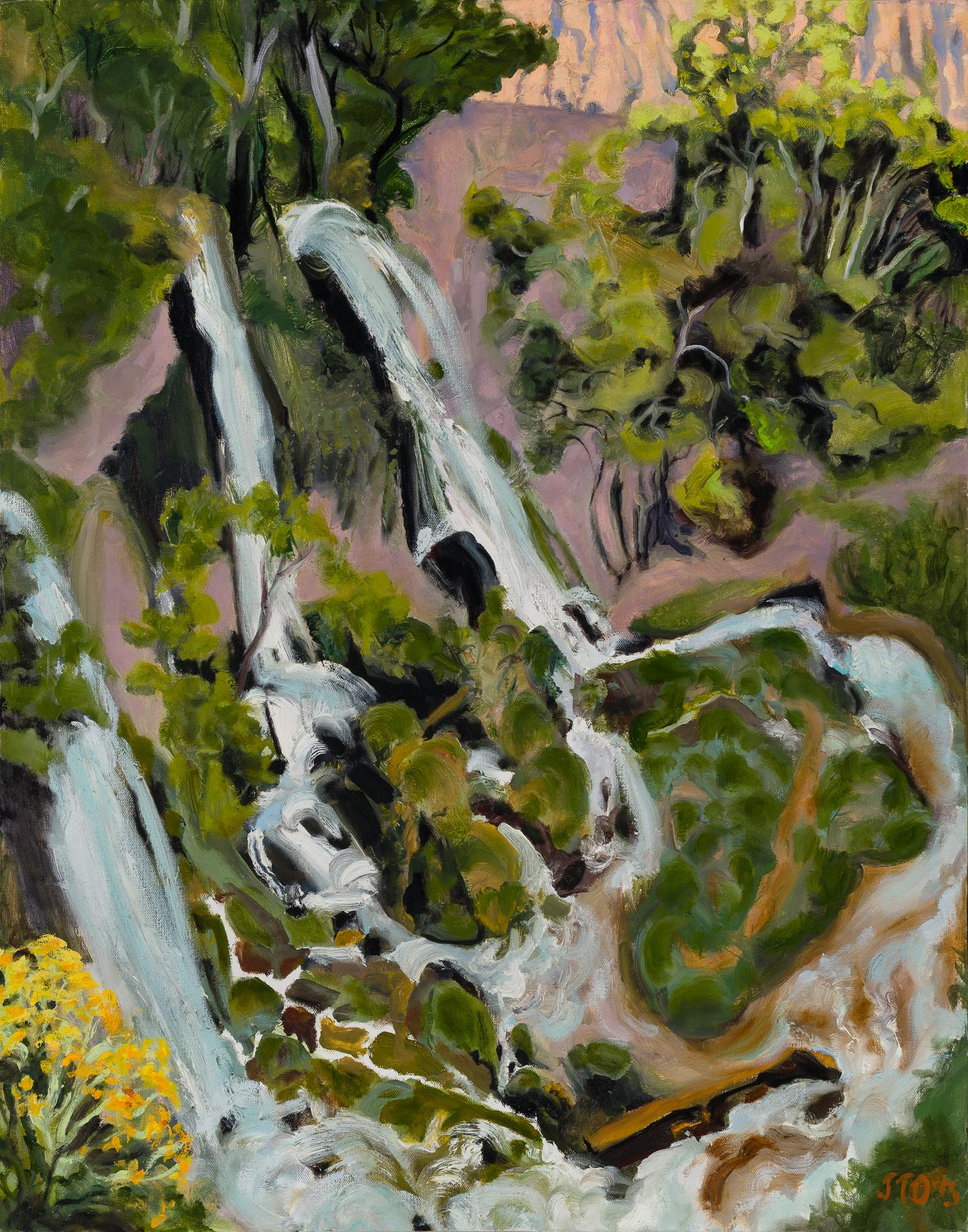 Figurative Painting di Joellyn Duesberry - "Luce obliqua, Rifle Falls, Colorado" - Paesaggio espressionista, dipinto a olio