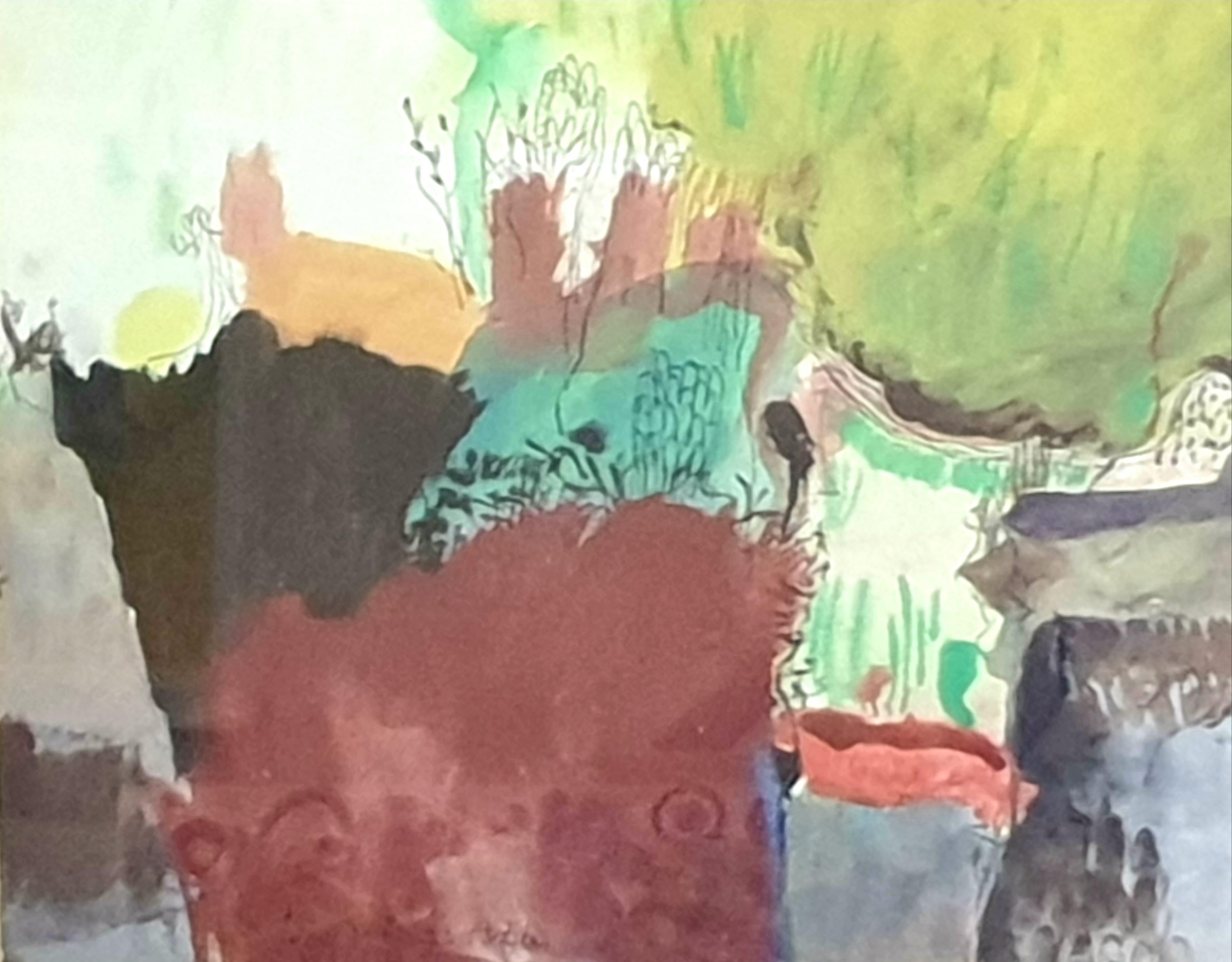 Olio e acrilico astratto espressionista su carta dell'artista olandese Joep Goeting. Firmato e datato 1972 in basso a sinistra e presentato sotto vetro in una cornice di legno dorata.

Un dipinto precoce e colorato di questo artista olandese molto