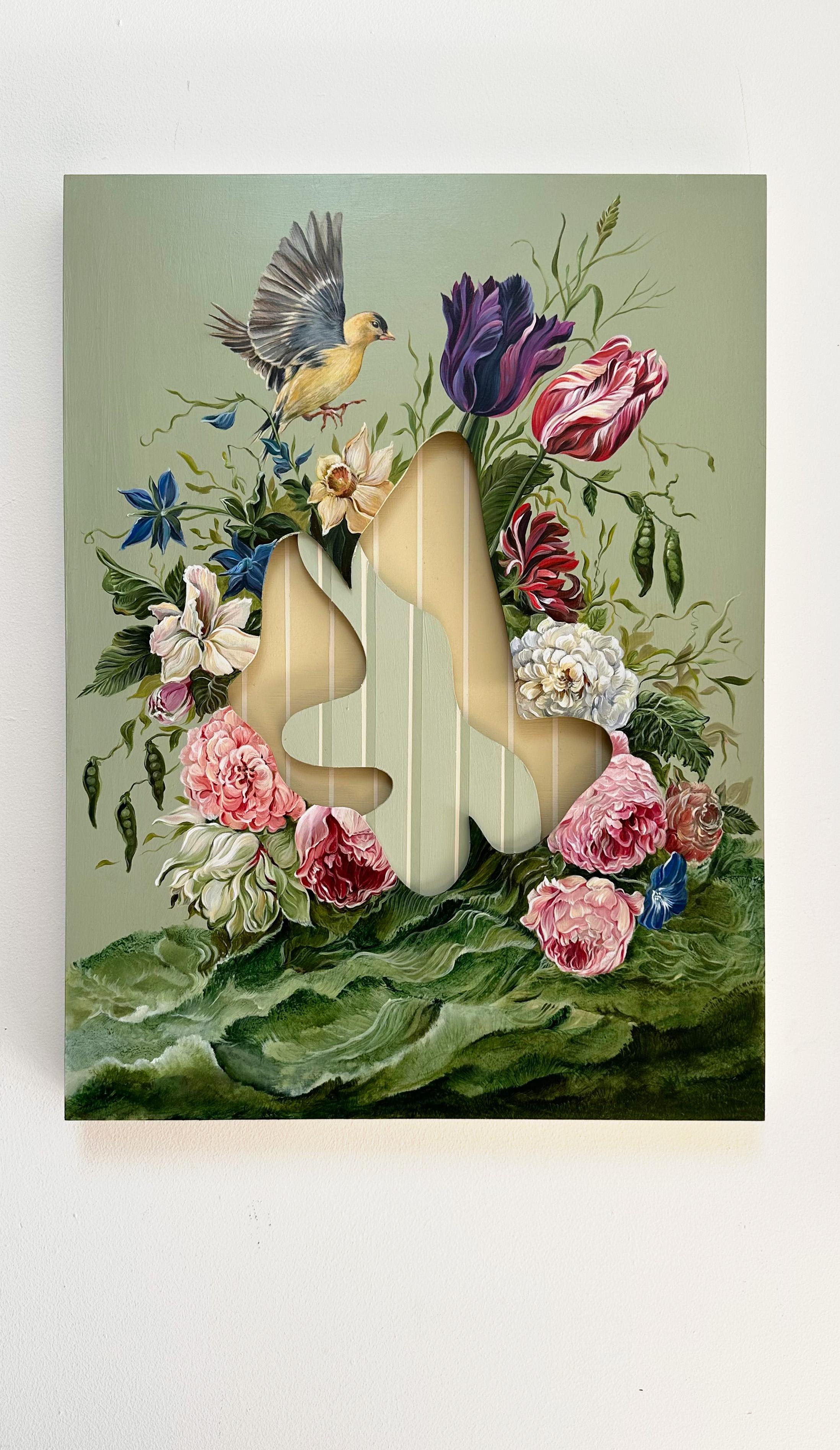 Surreale Blumenmalerei, Vogel, Illusion von Dauerhaftigkeit von Joerg Dressler im Angebot 1