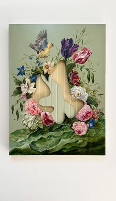 Pintura floral surrealista, pájaro, ilusión de permanencia de Joerg Dressler