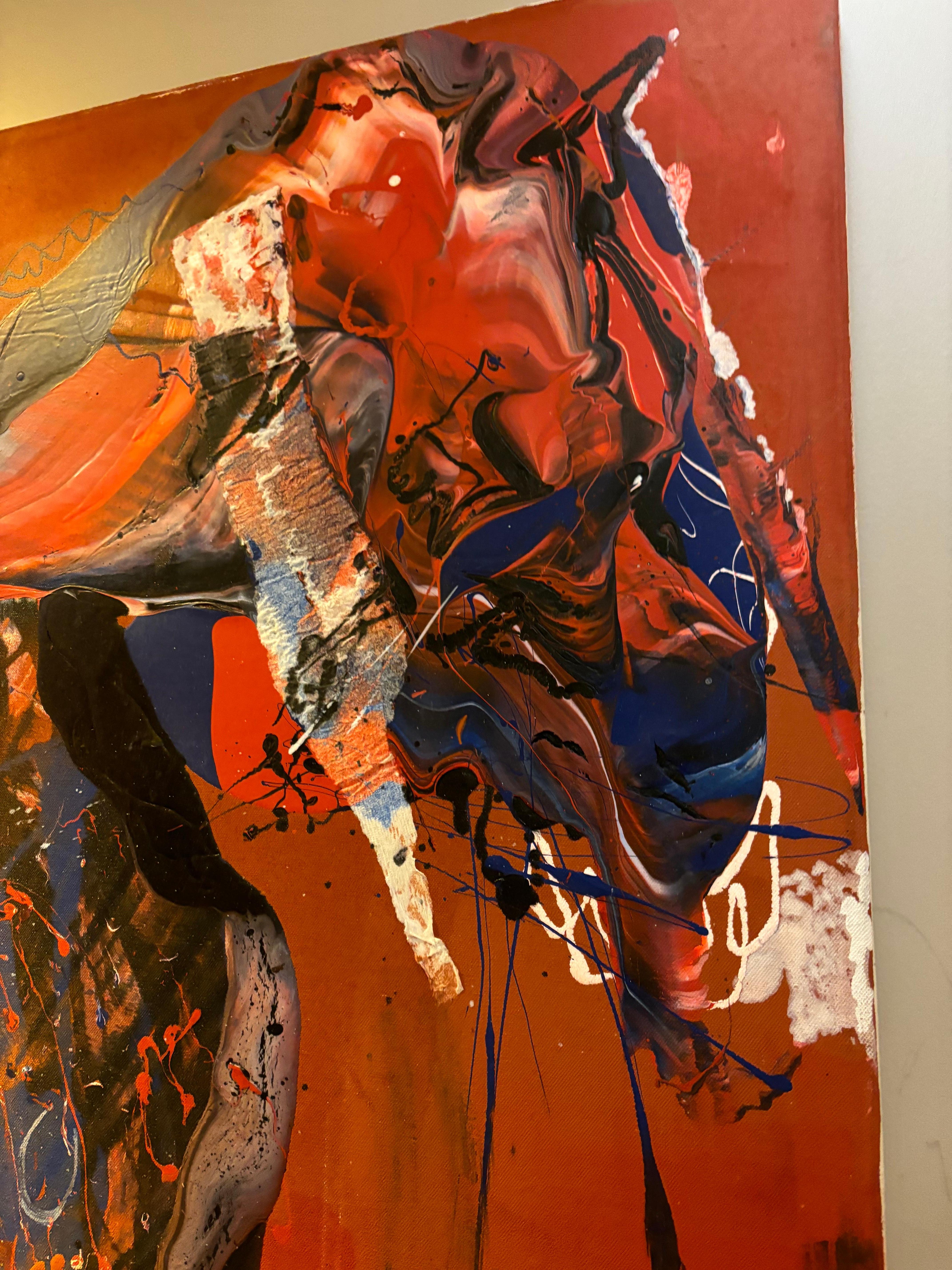 Equus, Rot, Dunkelblau,  Cremefarbenes, weißes und schwarzes Pferd und Landschaft (Braun), Abstract Painting, von Joerg Madlener