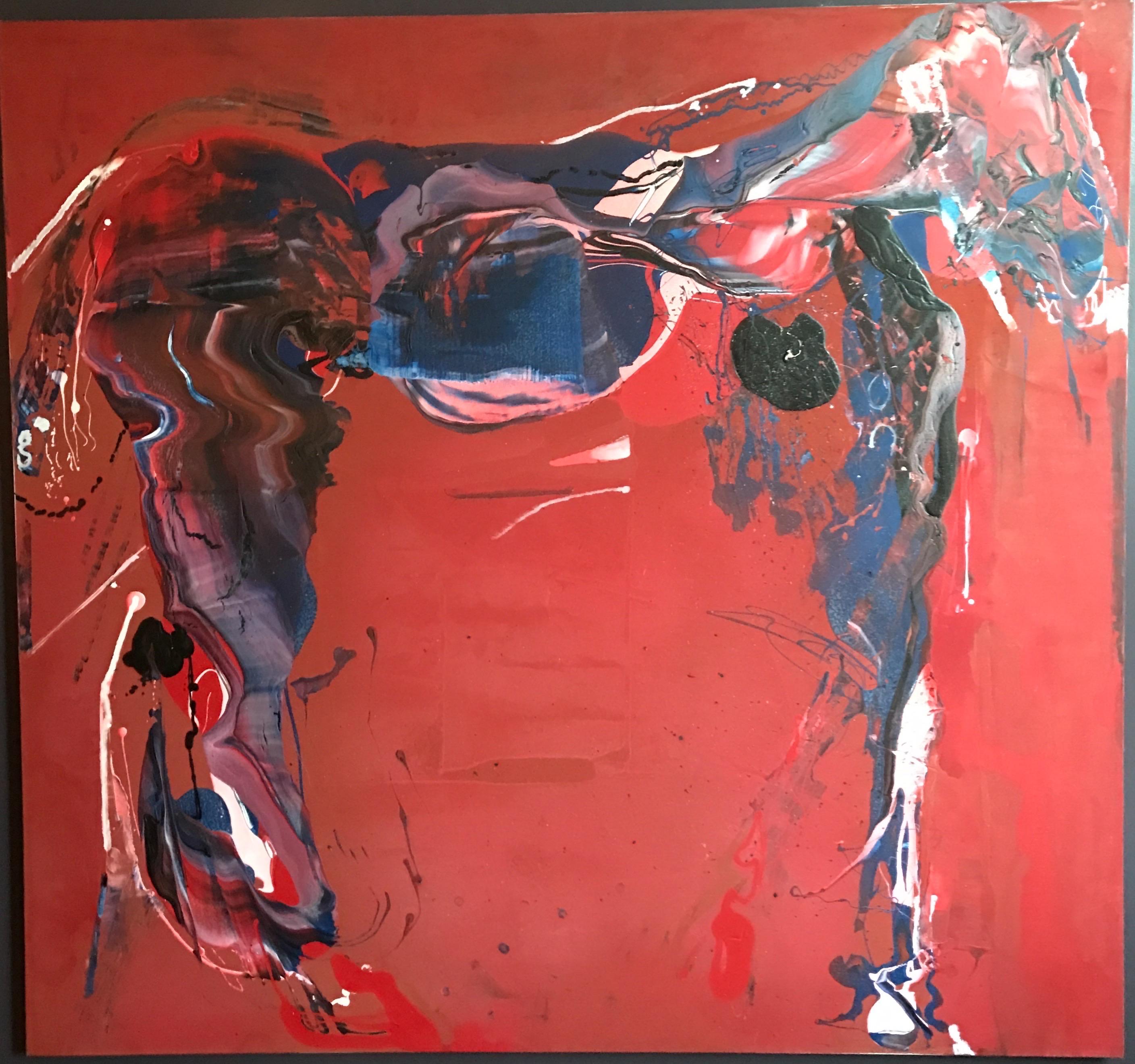 Equus, Rot, Dunkelblau,  Cremefarbenes, weißes und schwarzes Pferd und Landschaft – Painting von Joerg Madlener