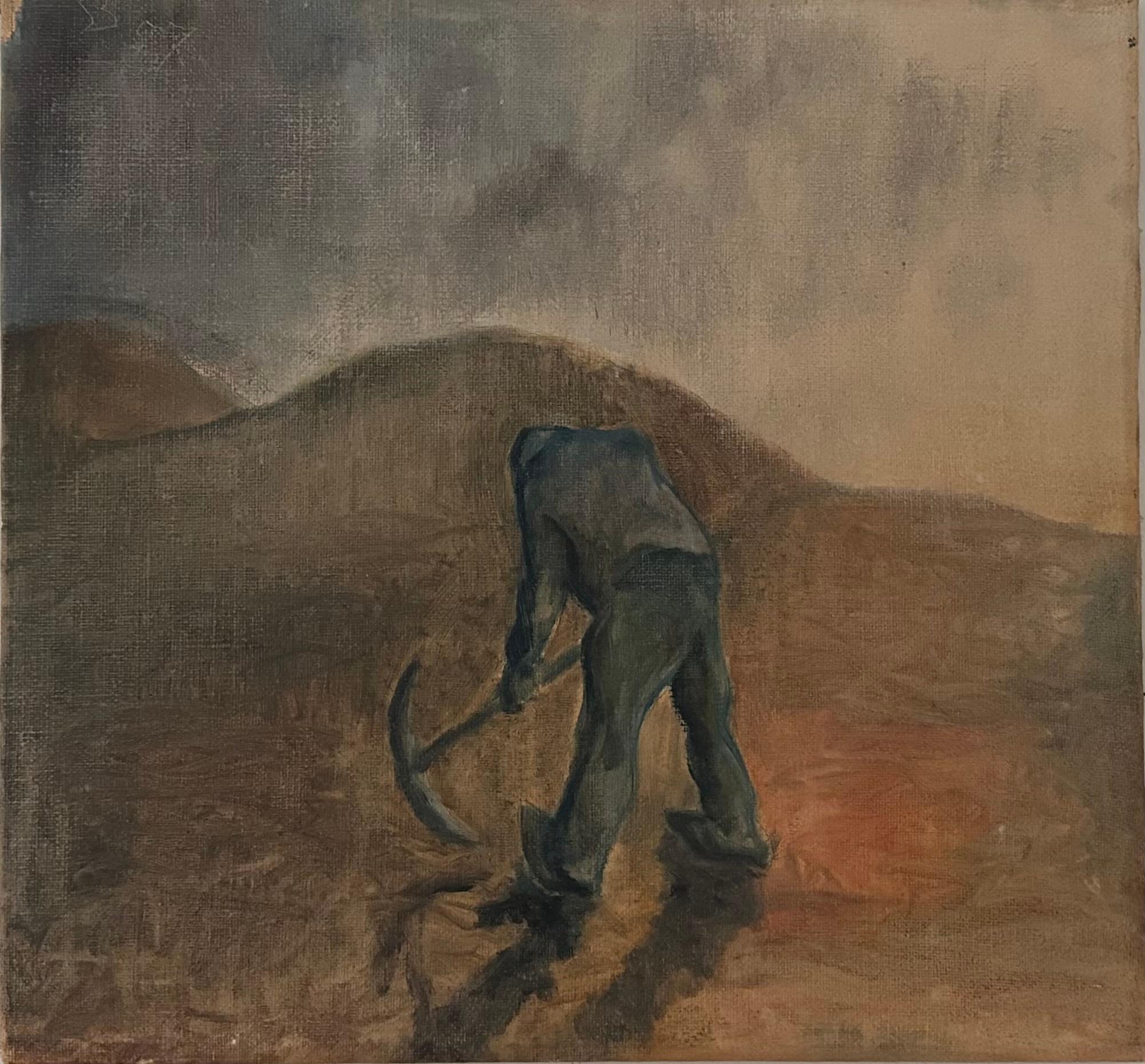 Paesaggio moderno postbellico Uomo col piccone sulla collina, Joergen Boberg, anni '50 in vendita 1