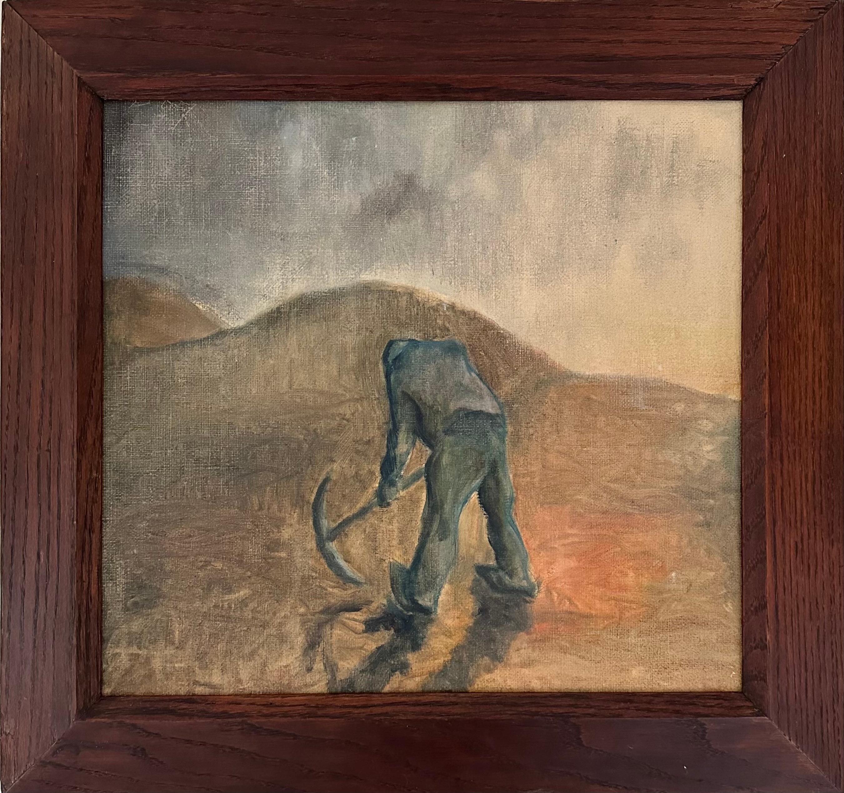 Paisaje moderno de posguerra Hombre de la piqueta en la colina, Joergen Boberg, años 50