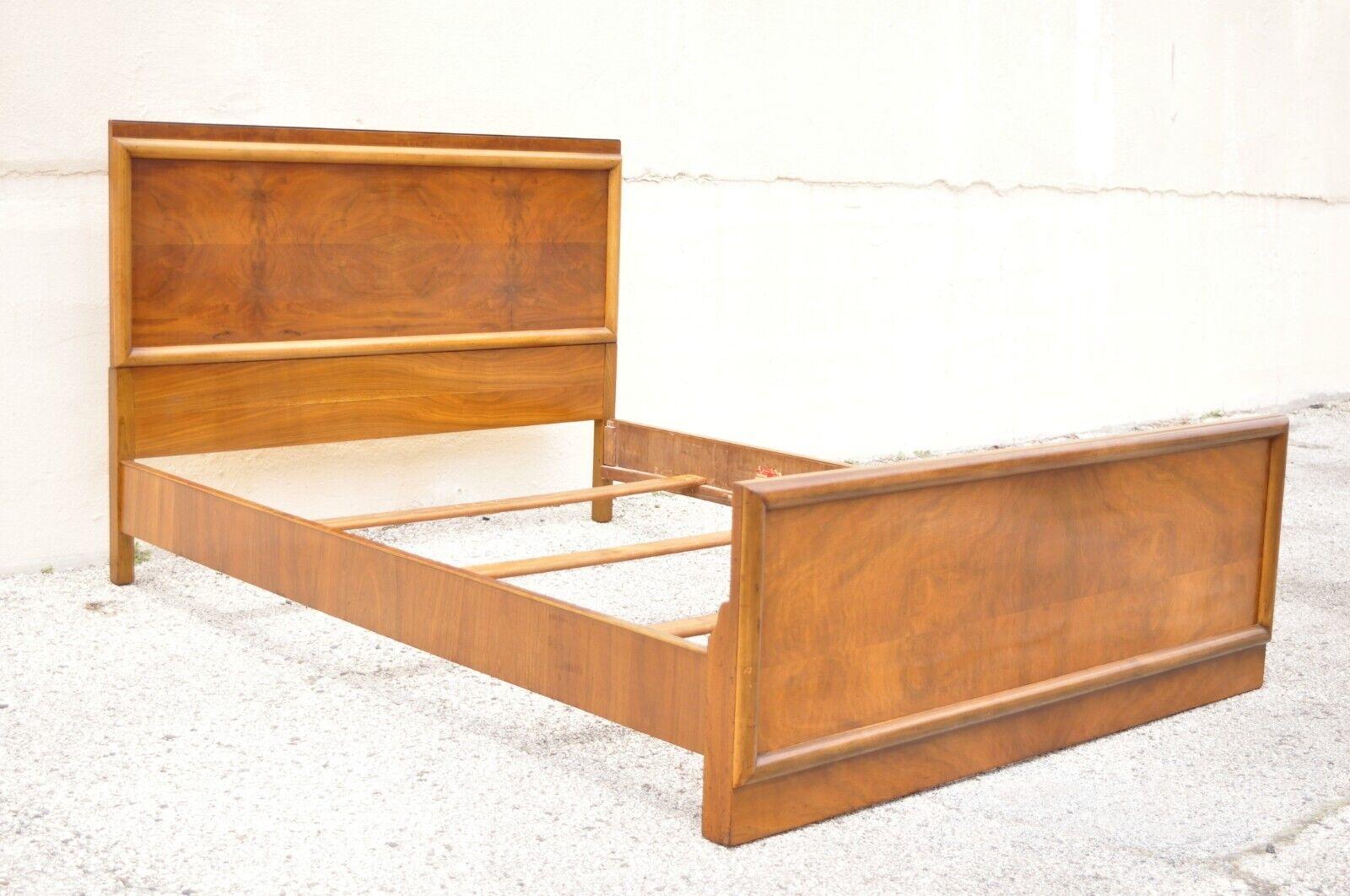 Joerns Bros Art Deco Burl Wood Walnut Full Size Bed Frame. Item features full size frame, rolling casters, beautiful wood grain, original label, very nice vintage item, clean modernist lines, quality American craftsmanship. Circa early to mid 20th