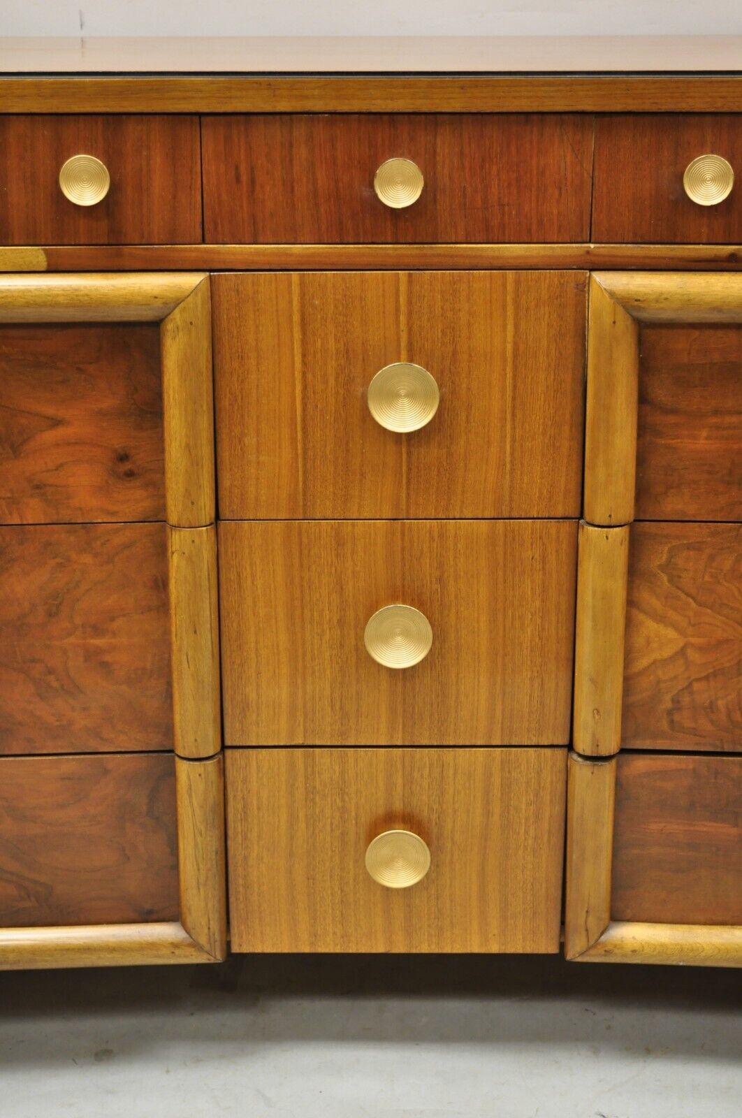 20th Century Joerns Bros Art Deco Mid Century Burl Walnut Long Dresser Credanza with Mirror For Sale