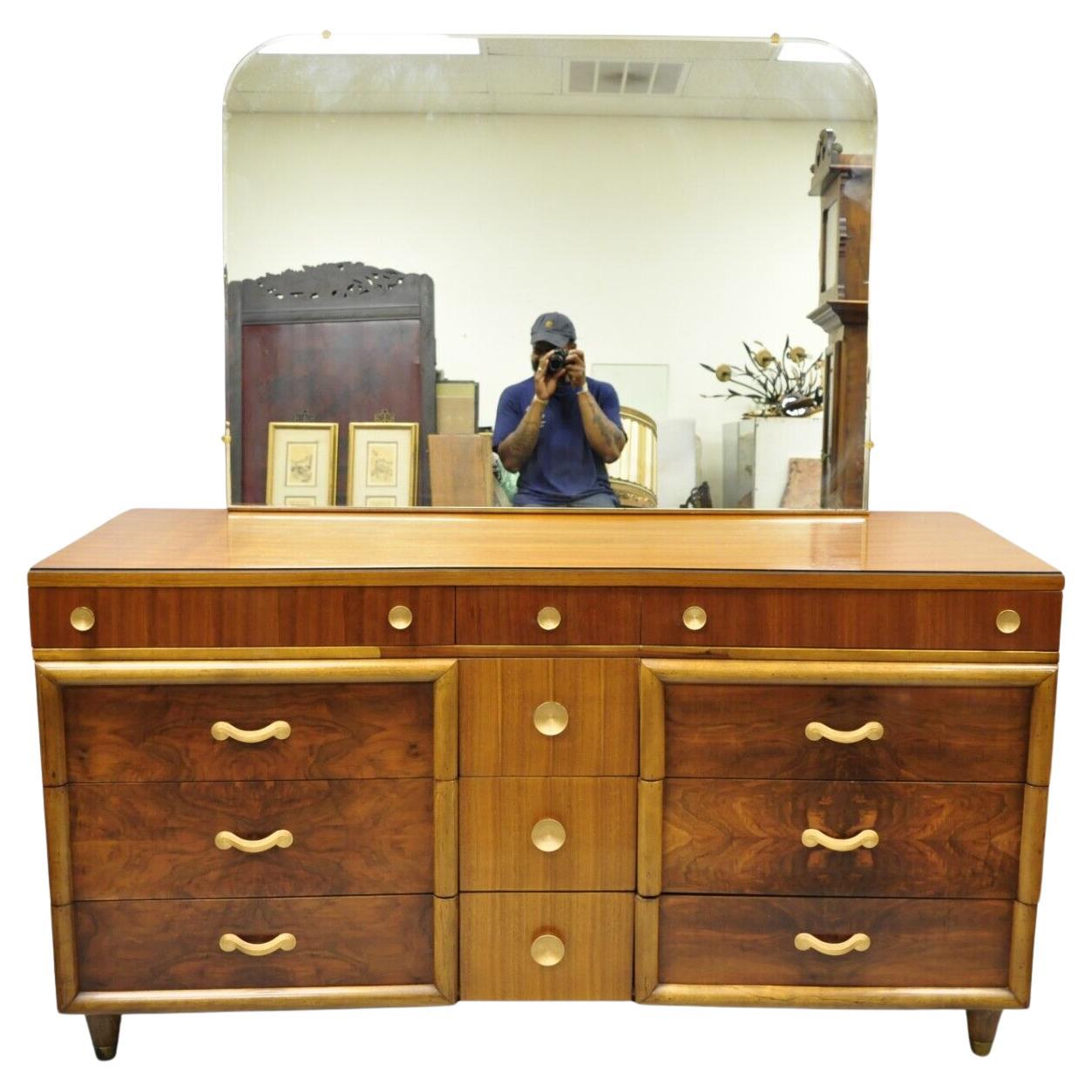 Joerns Bros Art Deco Mid Century Burl Walnut Long Dresser Credanza with Mirror For Sale