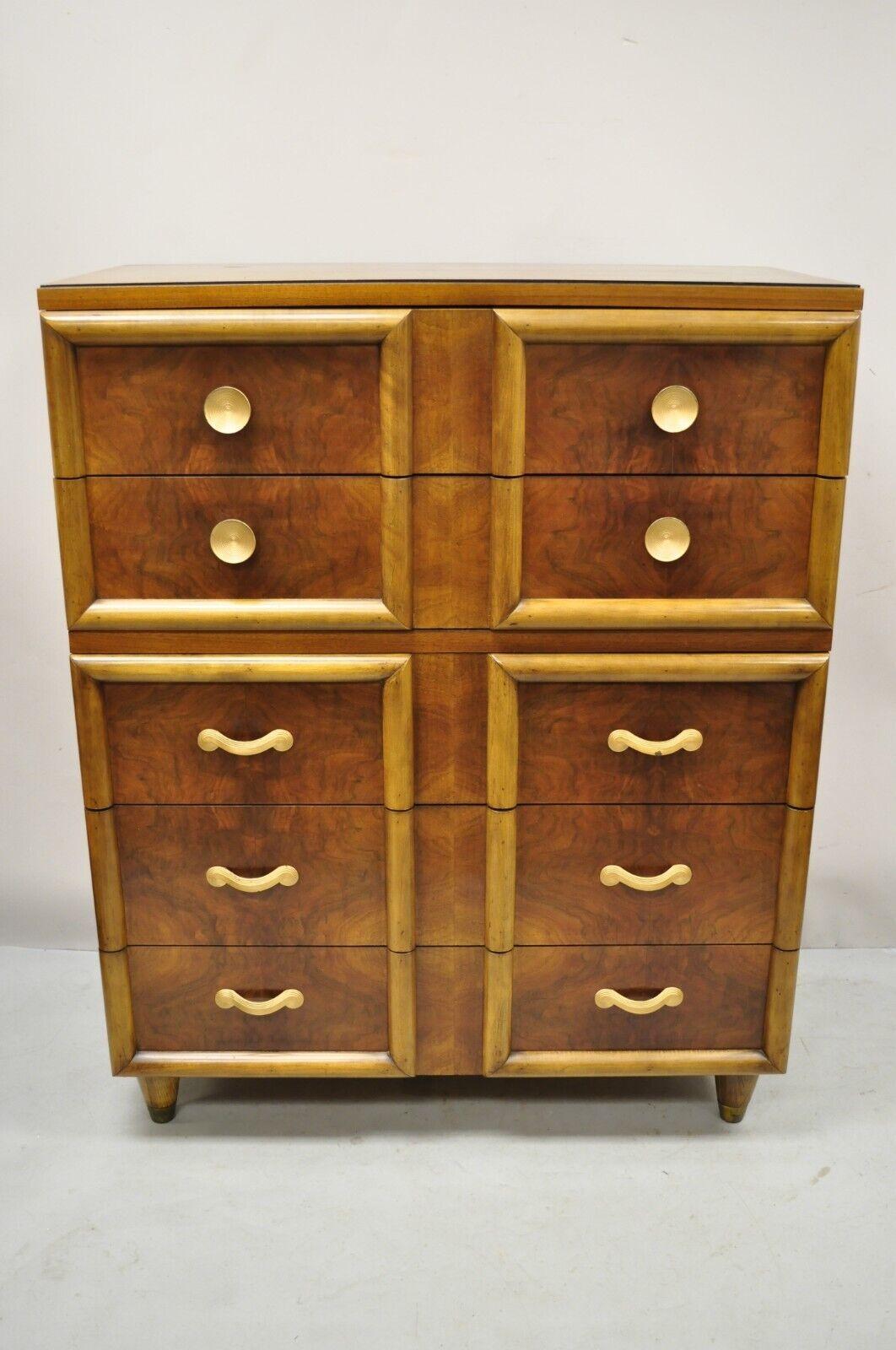 Joerns Bros Art Deco Mid Century Burl Walnut Tall Chest Dresser. Item features brass capped feet, black painted accents, beautiful wood grain, 5 dovetailed drawers, tapered legs, very nice vintage item, quality American craftsmanship, great style
