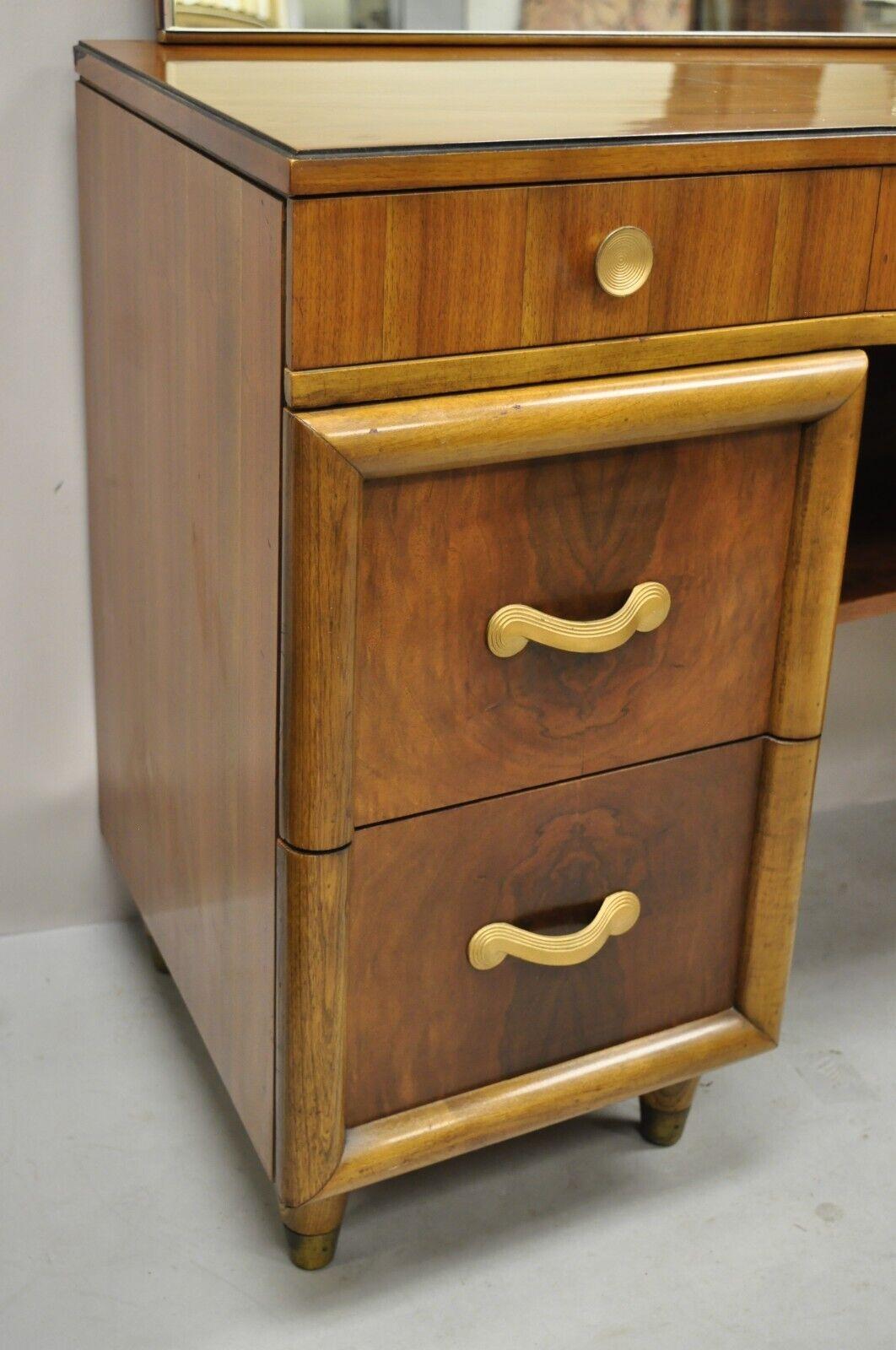 Joerns Bros Art Deco Mirror Table de toilette en noyer ronce du milieu du siècle avec miroir en vente 4