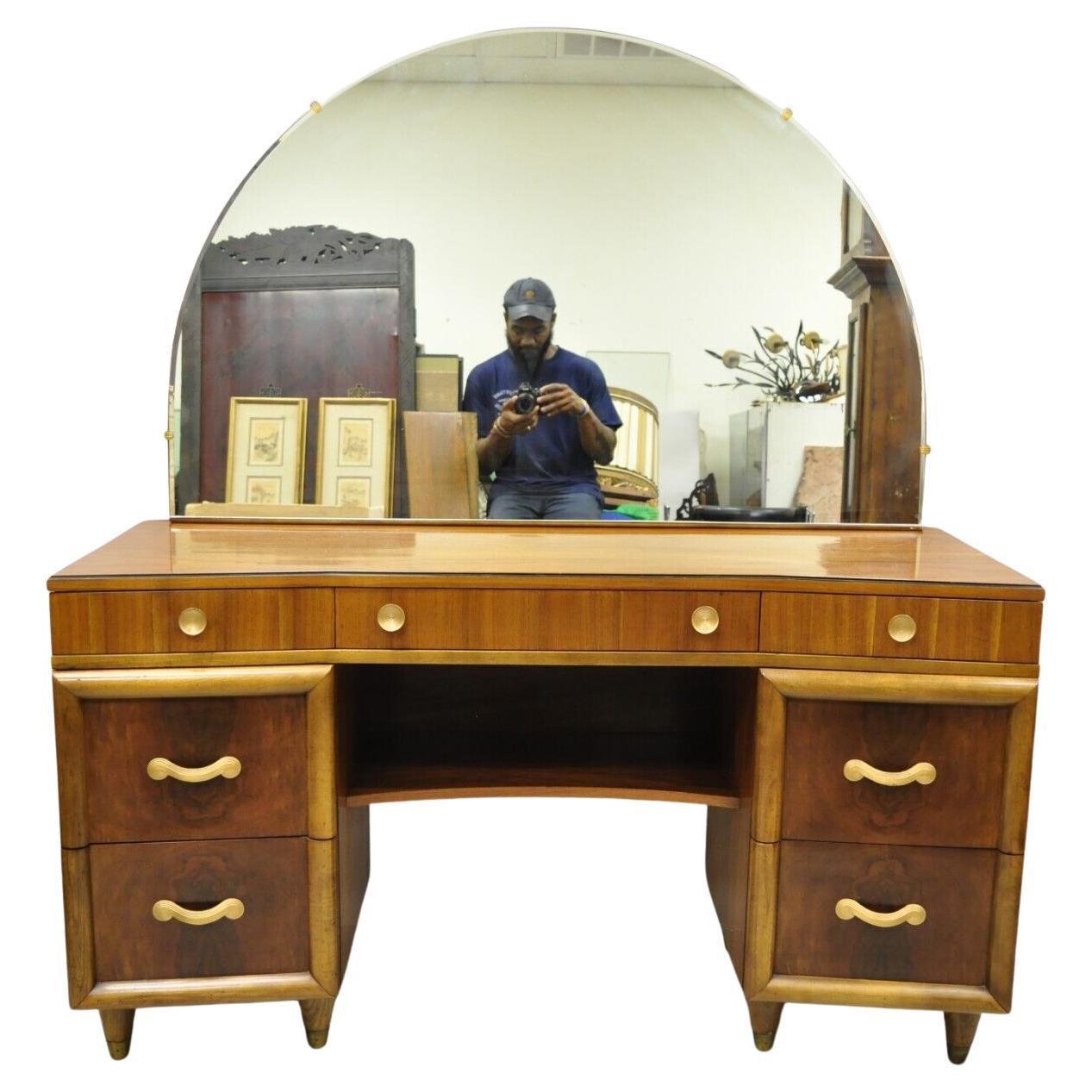 Joerns Bros Art Deco Mid Century Burl Walnut Vanity Table with Mirror For Sale