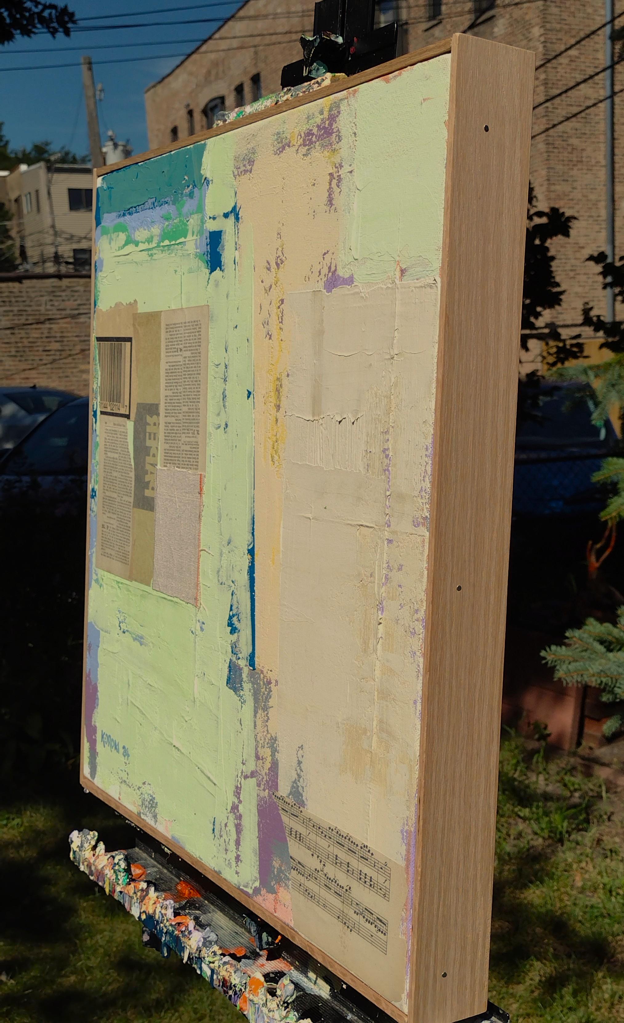 <p>Artist Comments<br />Muted pastel tones and textured layers create a soothing abstract composition. Book pages, a barcode, and a music sheet add nostalgia and character. This visually quiet piece uses simple colors and shapes to evoke a gentle
