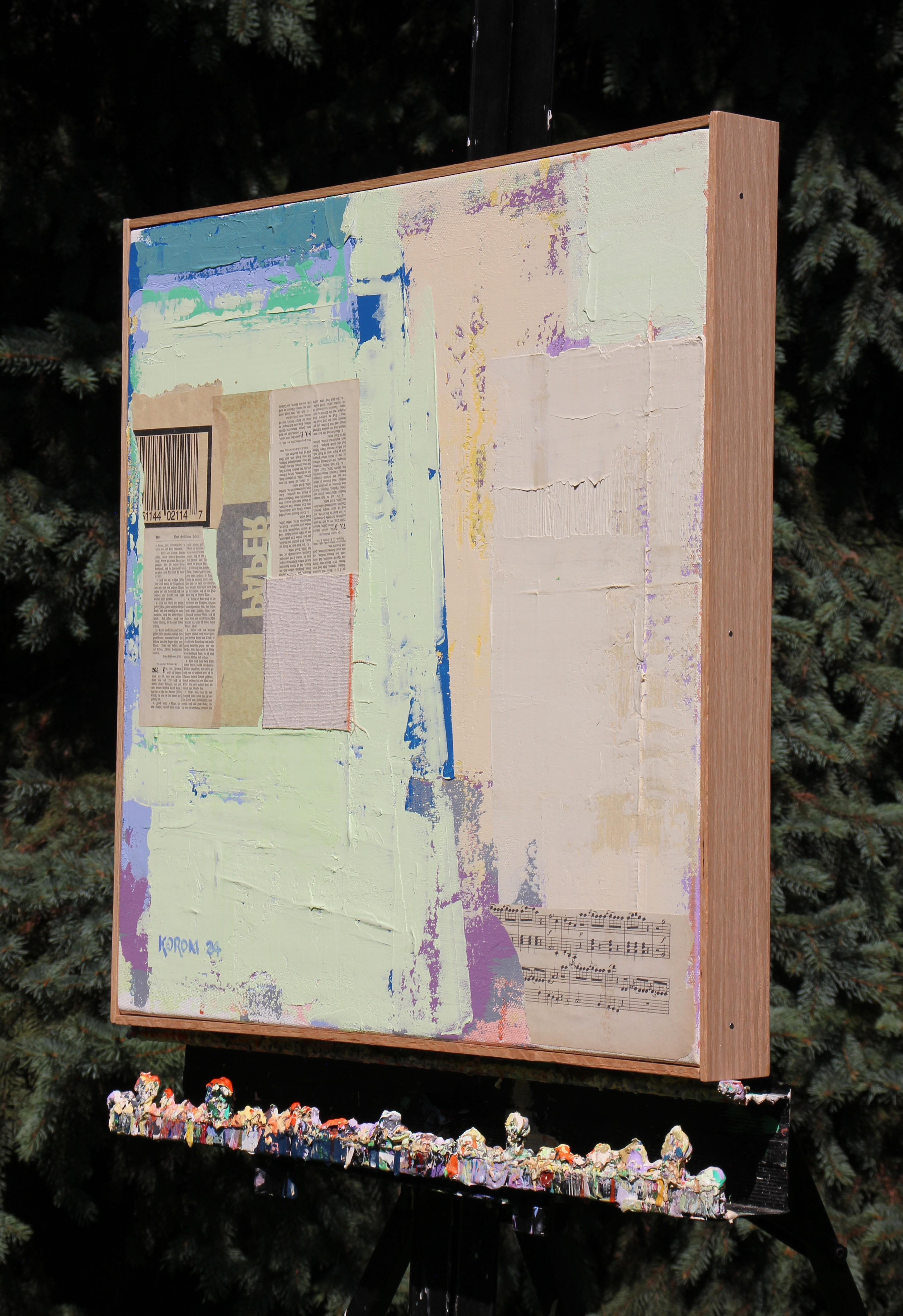 <p>Artist Comments<br>The collage incorporates yellowed book pages, fabric, and cotton with layered pastel acrylic paint. The blend of soft colors, simple shapes, and found objects creates a harmonious look. The overall effect feels calm and