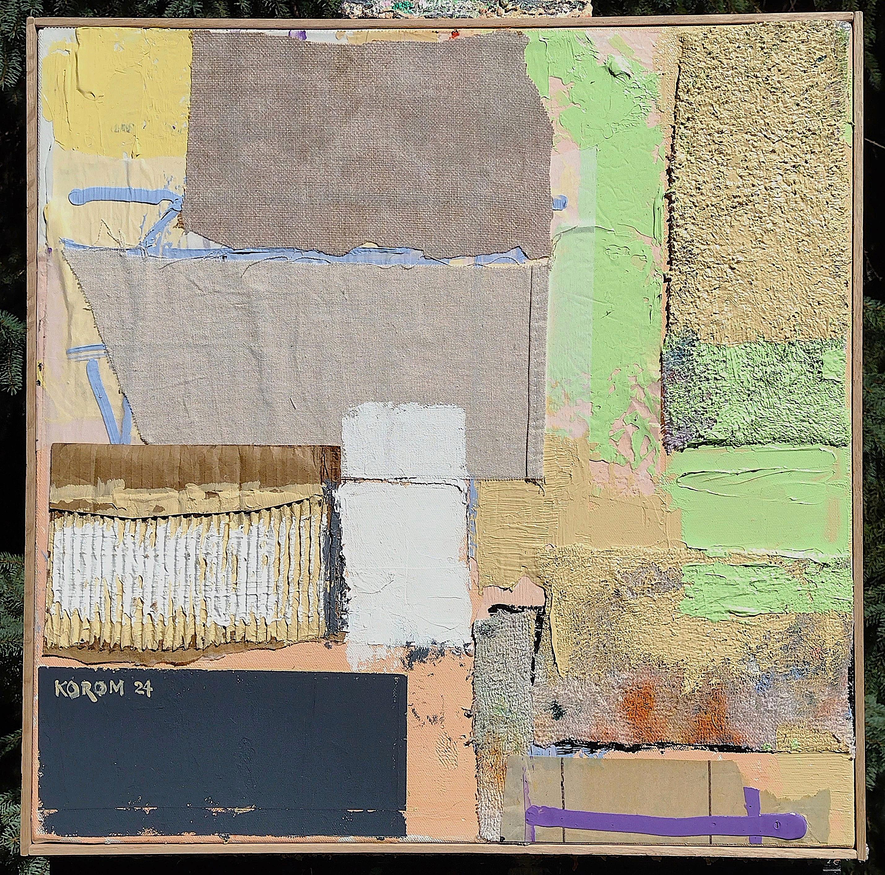 <p>Commentaires de l'artiste<br />Divers matériaux et textures créent de la profondeur dans cette composition abstraite moderne. Le tissu, les empâtements et le carton ondulé forment une surface stratifiée et tactile. Les champs de couleur se