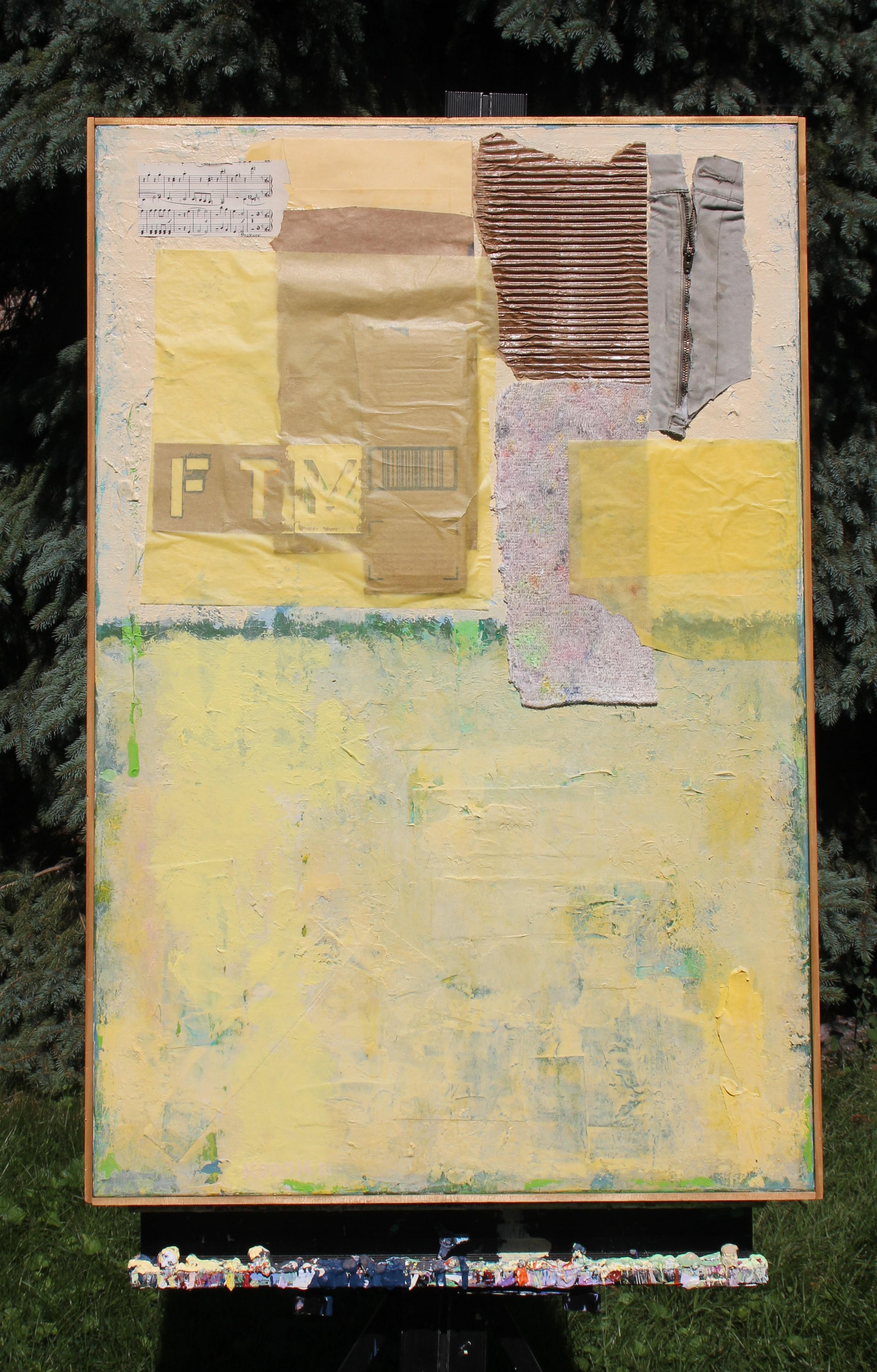 <p>Artist Comments<br />Artist Joey Korom constructs an abstract expression of collaged materials. Cardboard, sheet music, wrapping paper, painting rag, and canary paper work together to produce a compelling composition. A portion of a trouser and