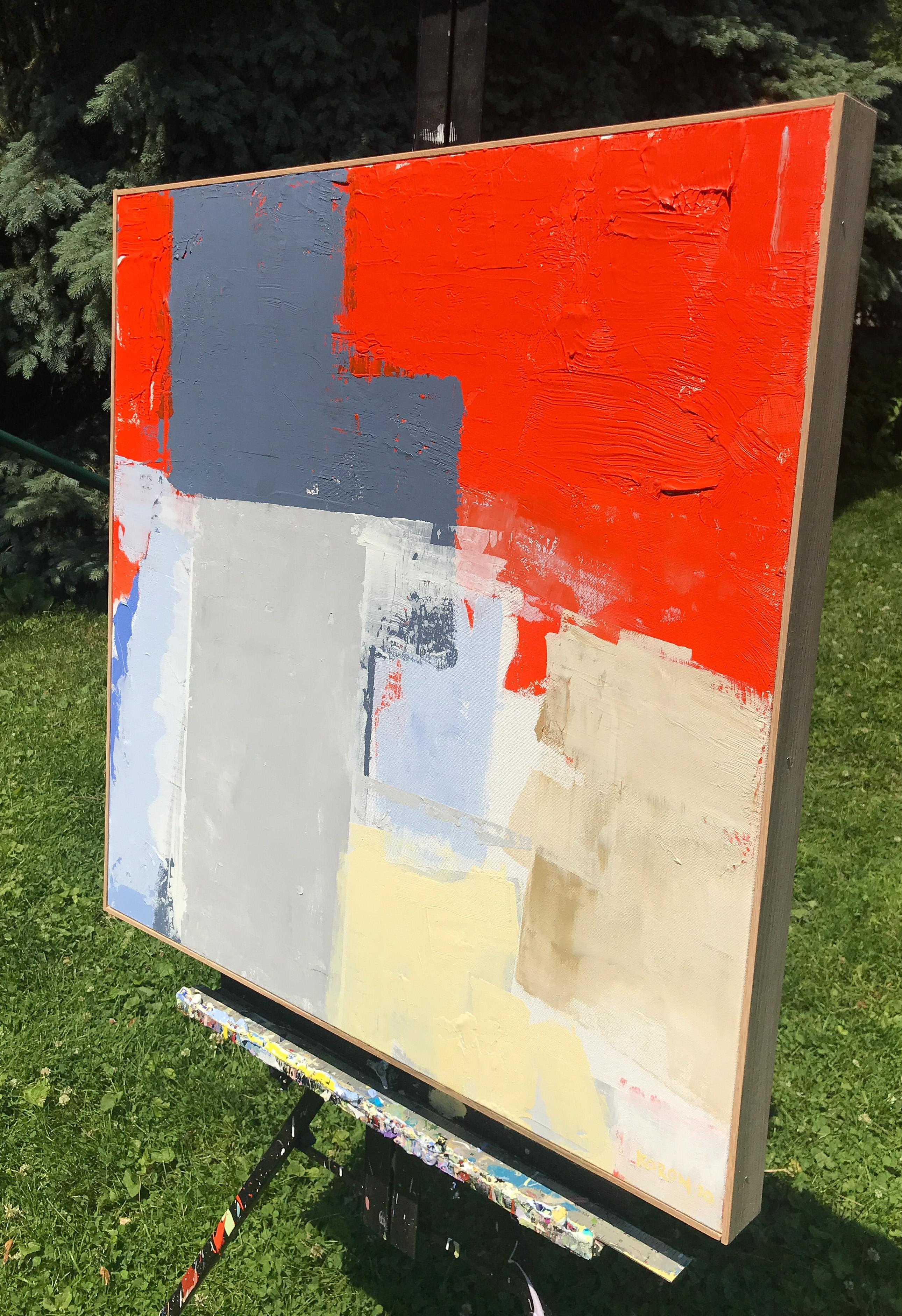 <p>Artist Comments<br /> A modern abstract painting in cool blocks of blues and grays vibrating with brilliant red and pastel yellow. 
