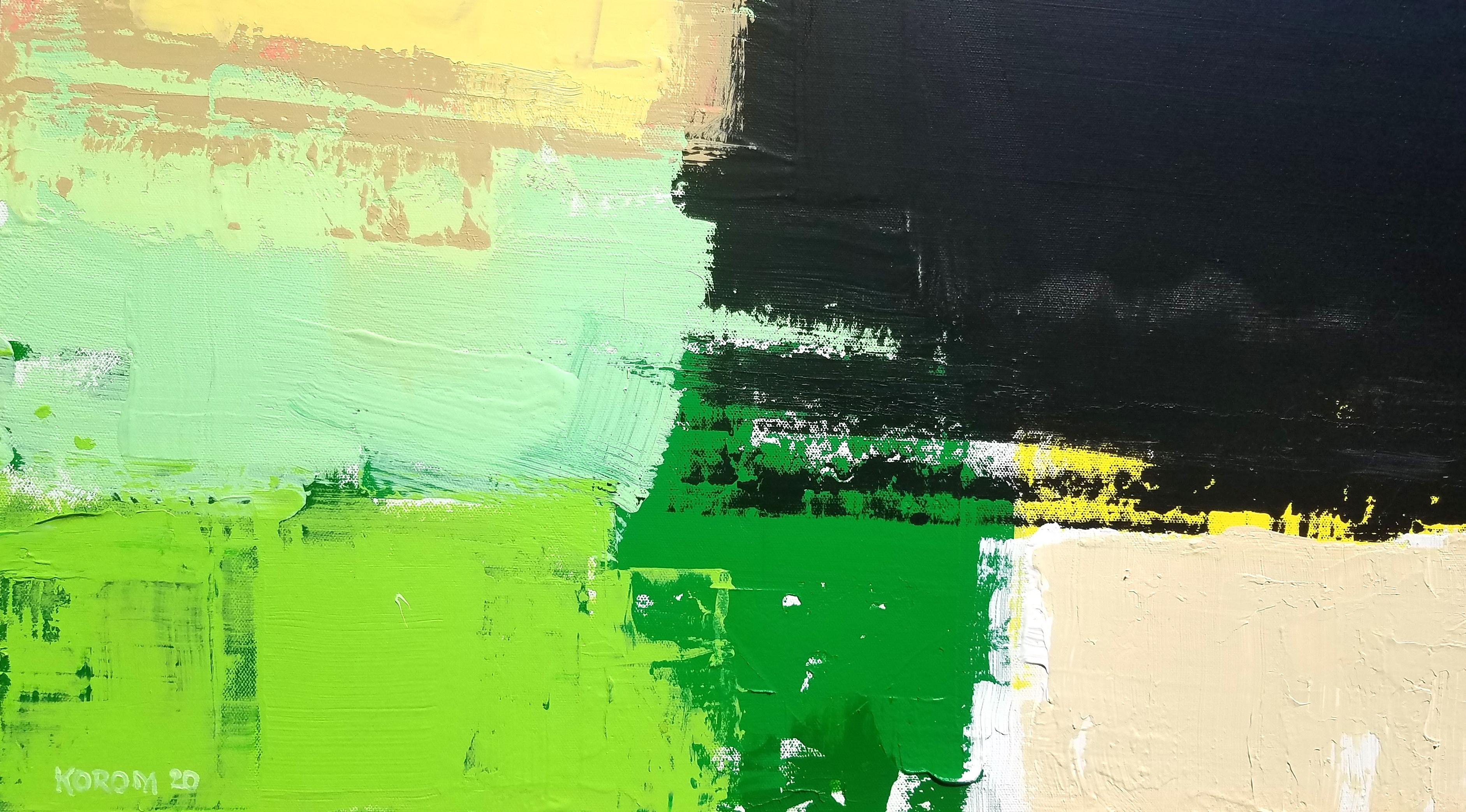 <p>Artist Comments<br>Artist Joey Korom paints large color fields, separated by feathered edges. Vying for prominence in yellow and black, shades of green provide a suitable complement. 