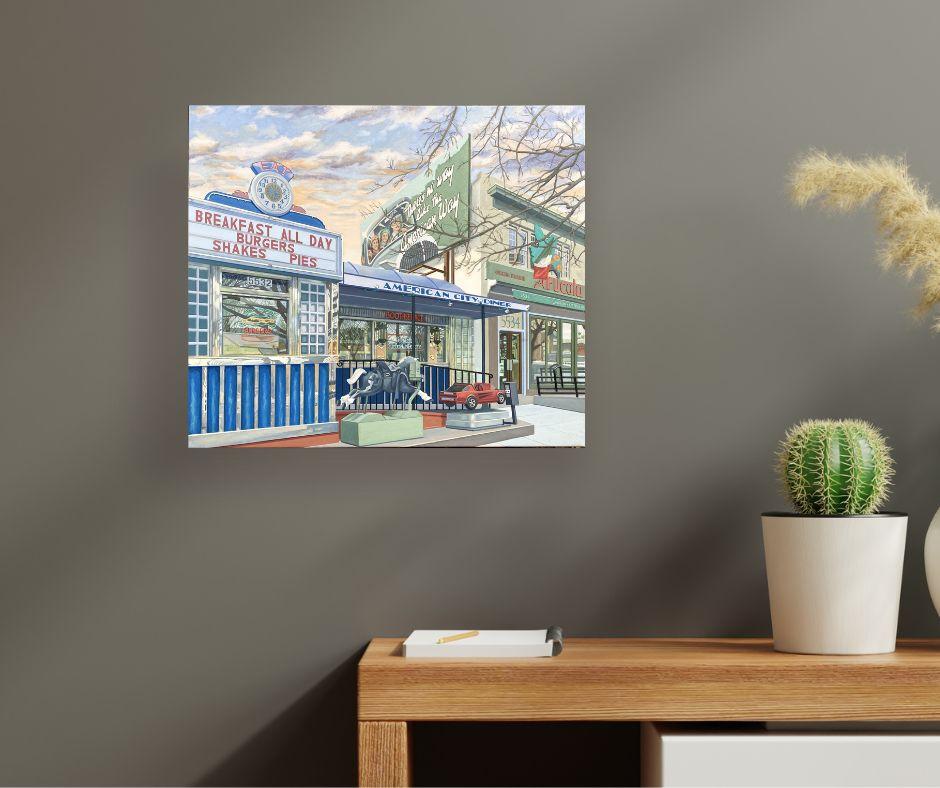 American City Diner - dipinto originale di paesaggio urbano in stile retro realistico - Arte contemporanea - Painting Realismo di Joey Mánaplaz