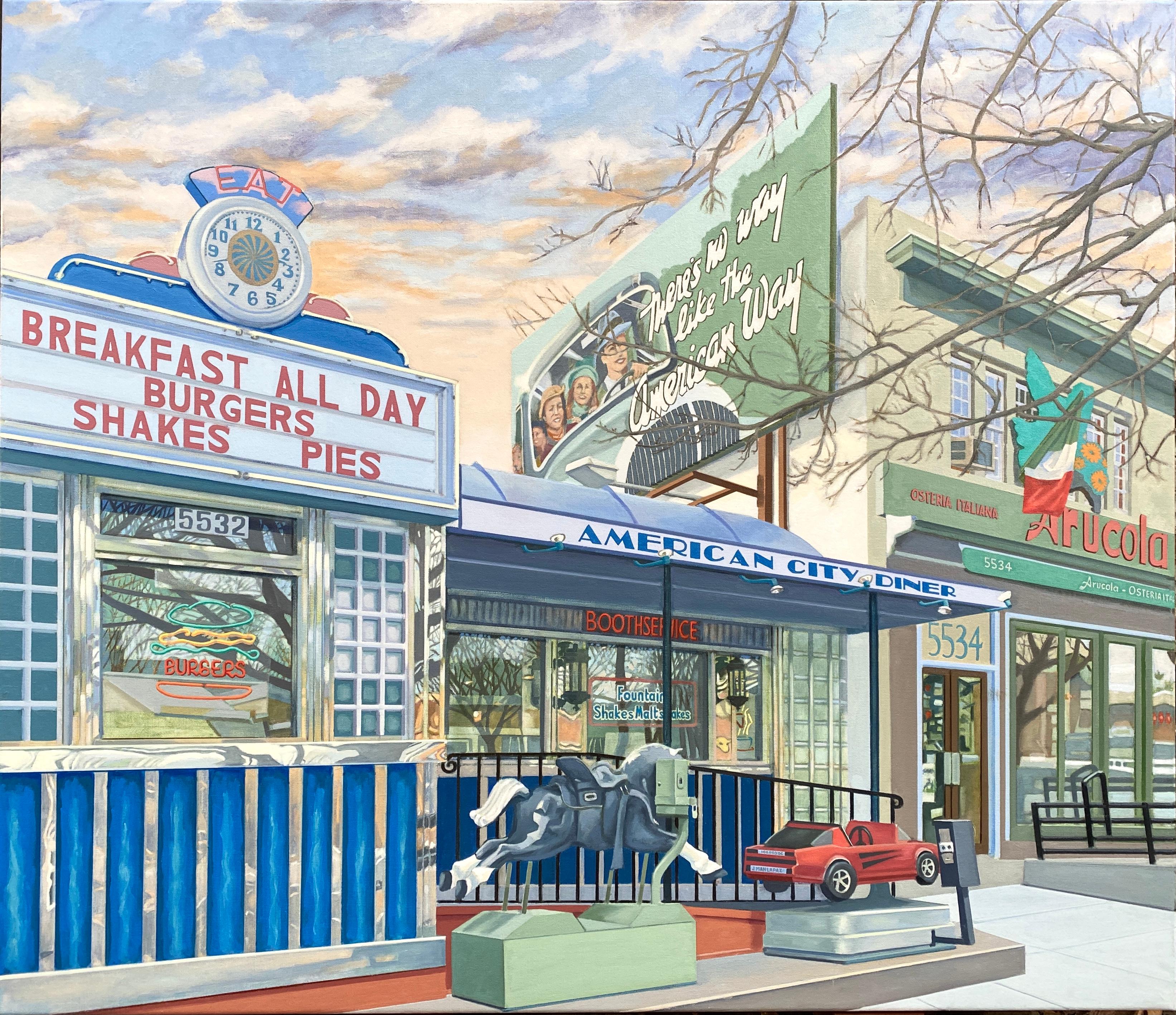 American City Diner - dipinto originale di paesaggio urbano in stile retro realistico - Arte contemporanea - Painting di Joey Mánaplaz