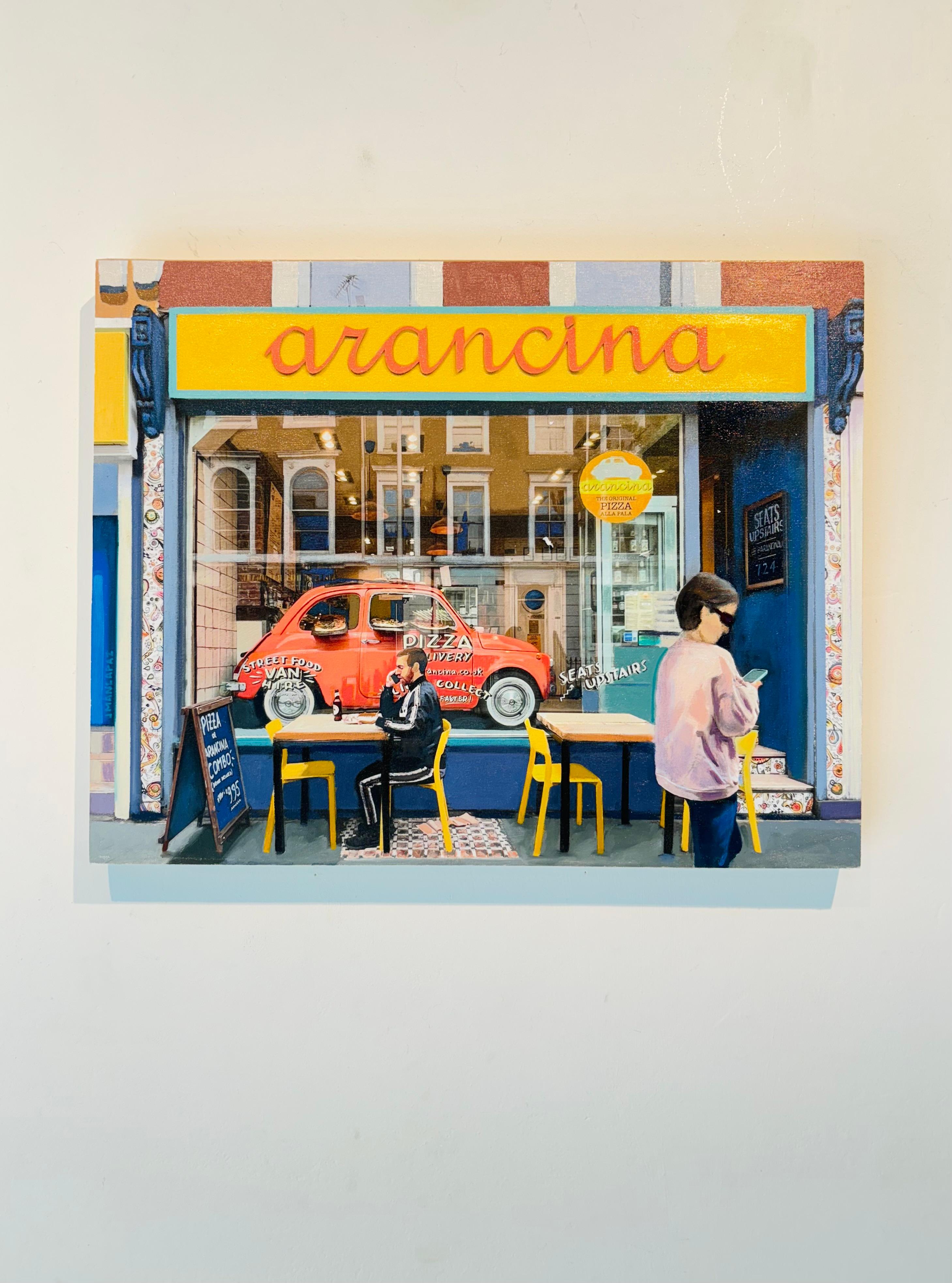 Mala comunicación - Pintura al óleo original de realismo contemporáneo Paisaje urbano de Londres - Painting de Joey Mánaplaz