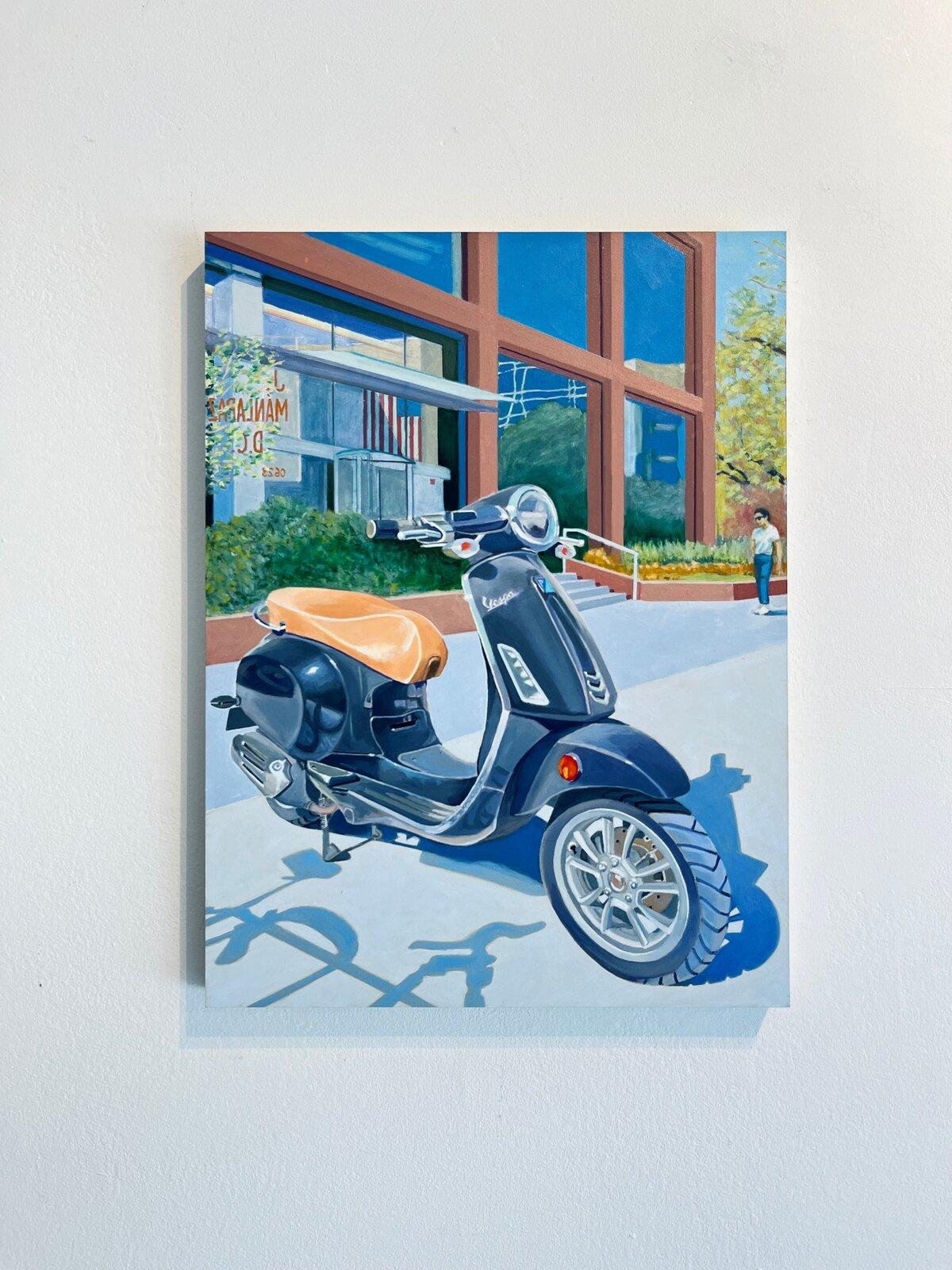 Please Wait (plum Vespa)- American realism still life painting-contemporary Art - Realist Painting by Joey Mánaplaz