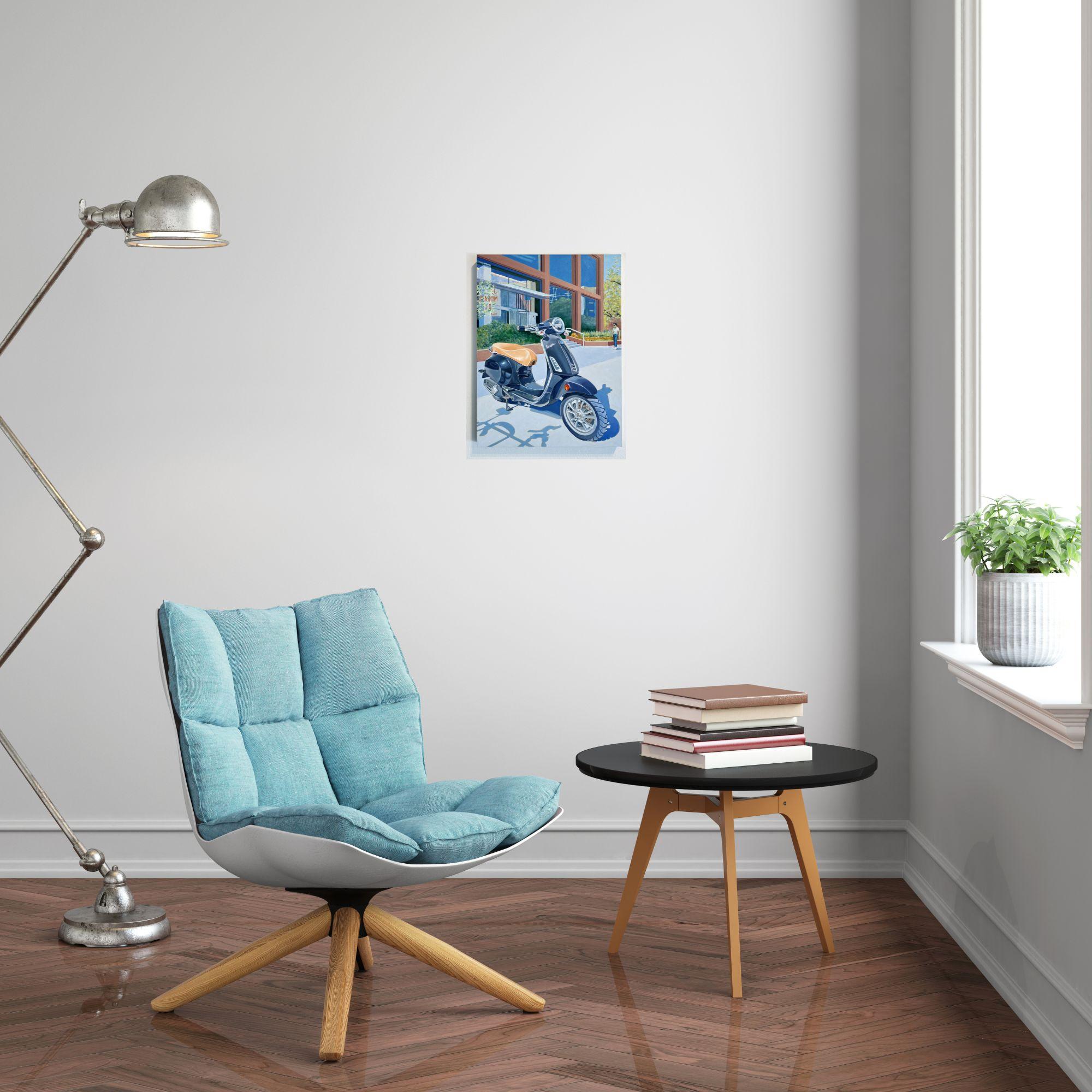 Please Wait (plum Vespa)- American realism still life painting-contemporary Art For Sale 1