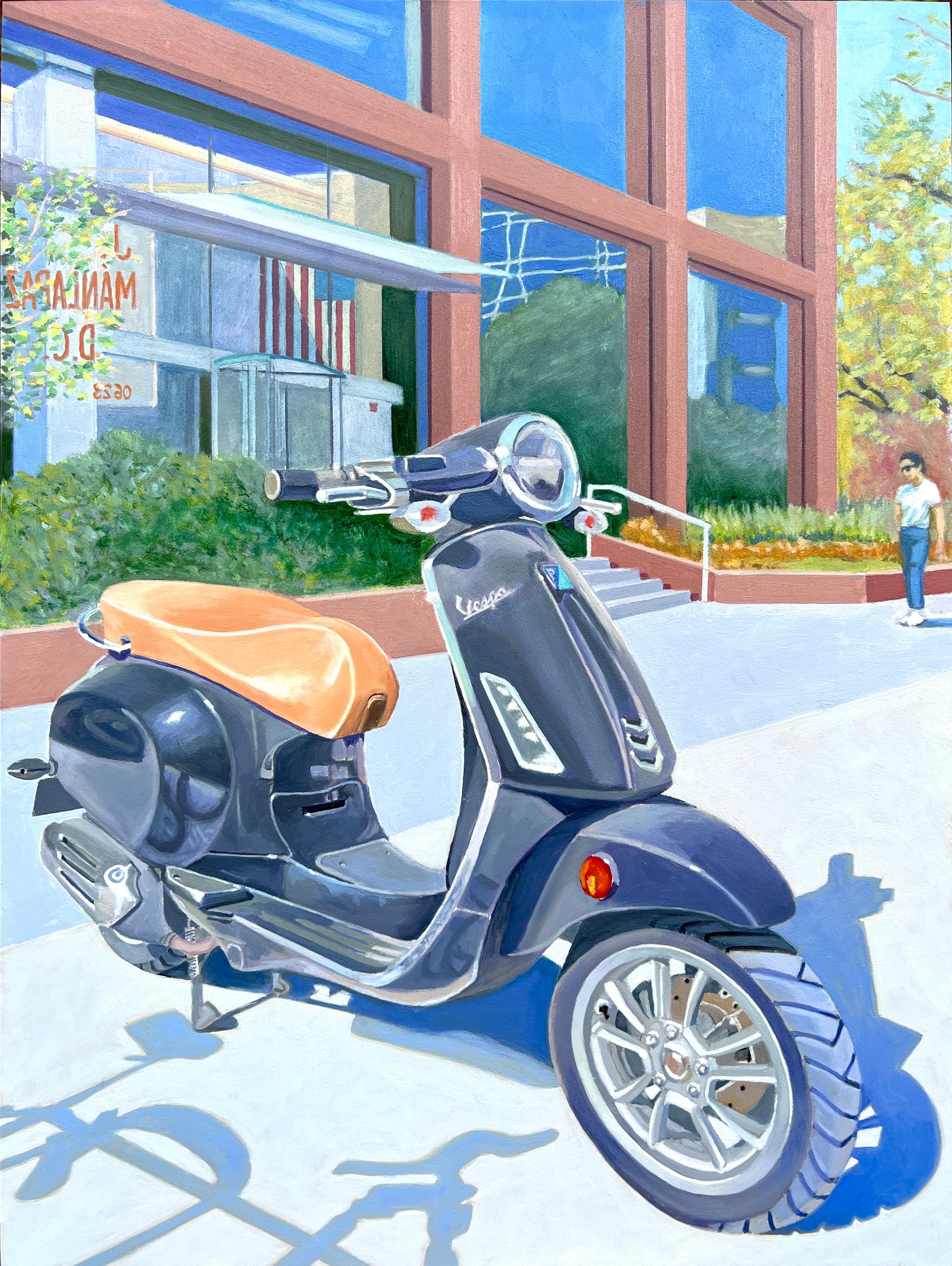 Please Wait (plum Vespa)- original realism still life painting-contemporary Art - Painting by Joey Mánaplaz