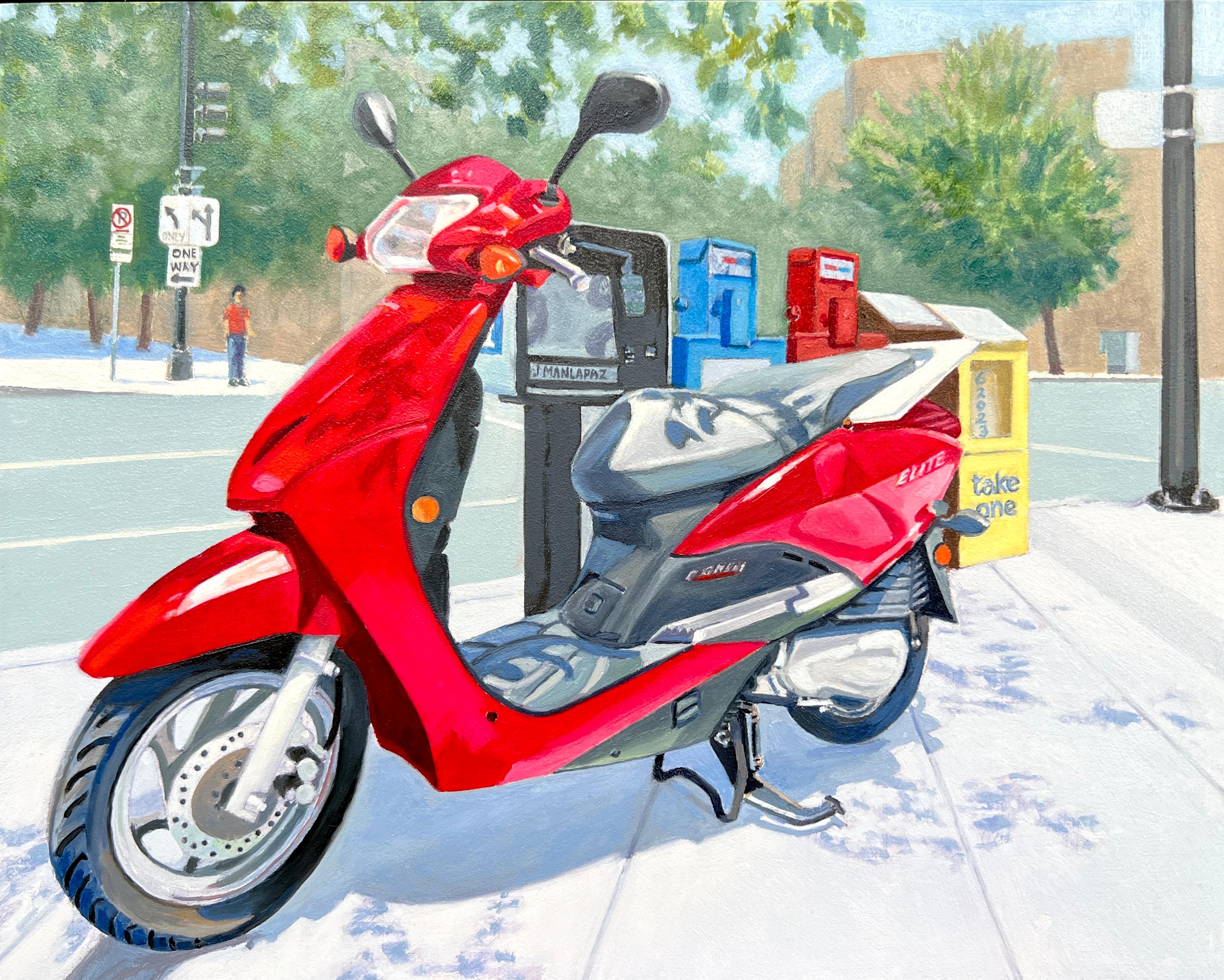 Take Me!  (Red Elite) - American realism retro cityscape still life oil painting - Painting by Joey Mánaplaz