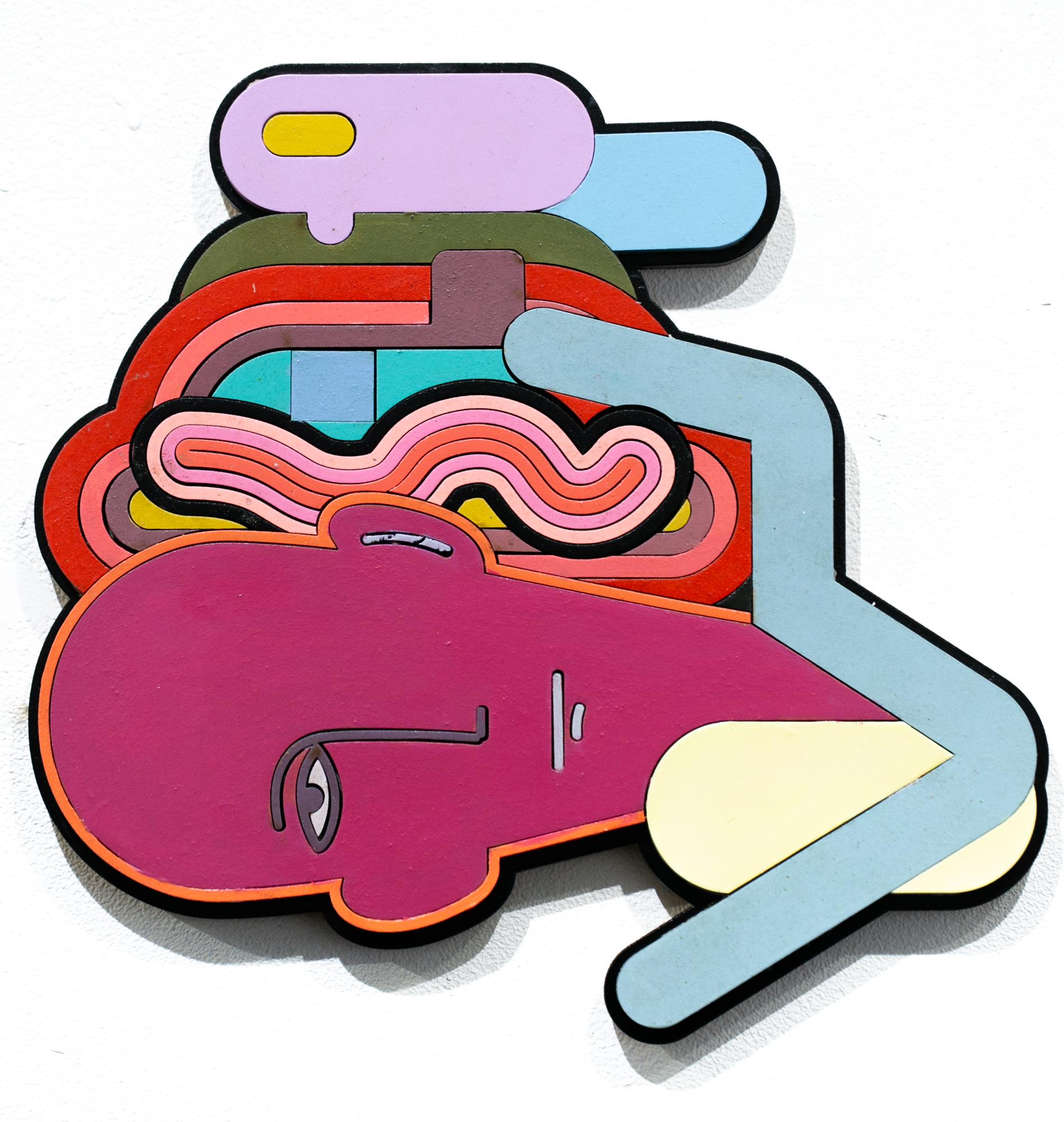 Joey Slaughter Abstract Sculpture - "Pouring one out", Wall-hanging sculpture, Color-Blocking, Abstract, Outline