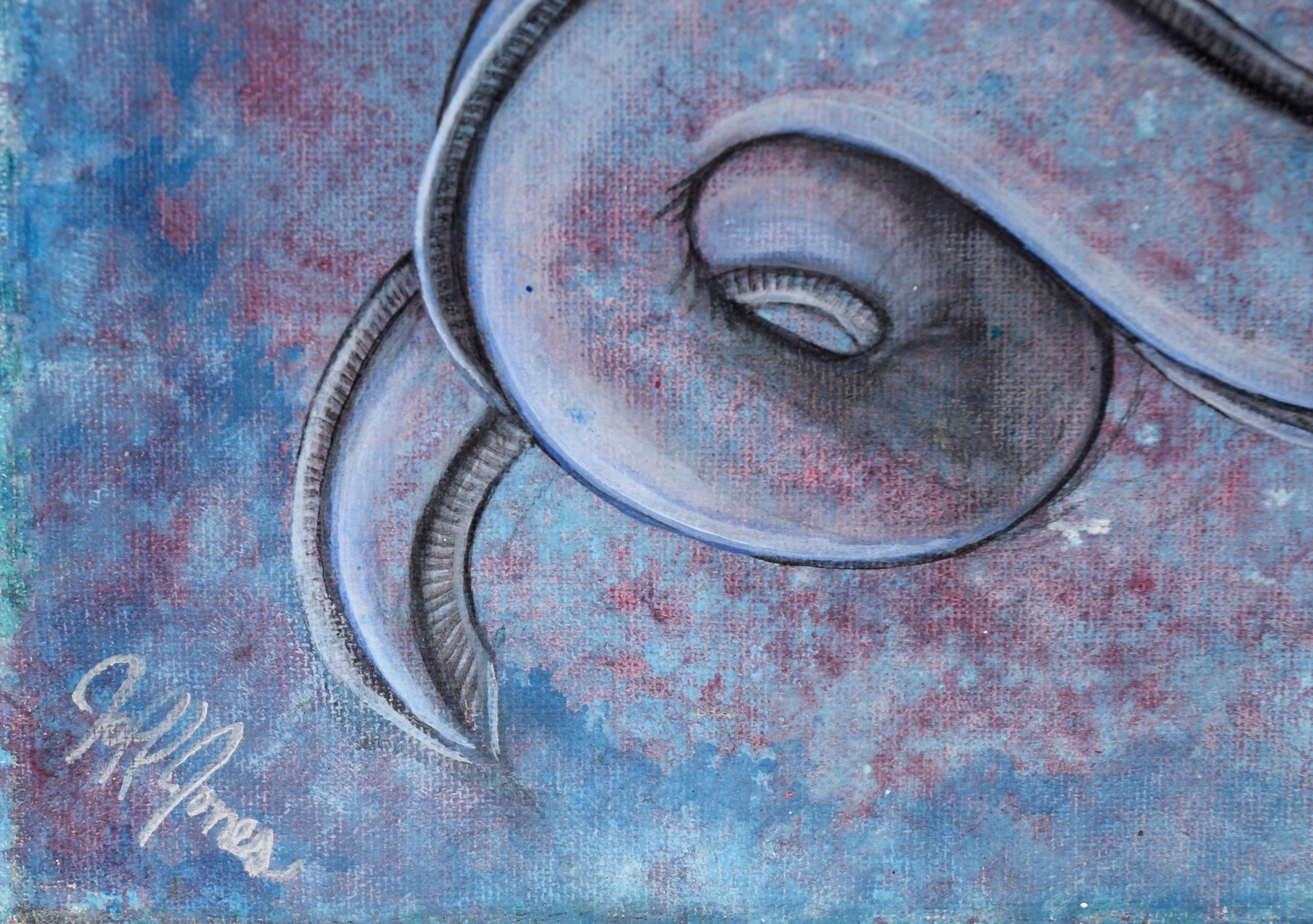 Anguila eléctrica en acrílico sobre lienzo

Brillante retrato de animal acuático del artista californiano Joff Jones (estadounidense, nacido en 1992). Una anguila se enrosca: morado, blanco y azul sobre fondo azul. El color púrpura se extiende desde
