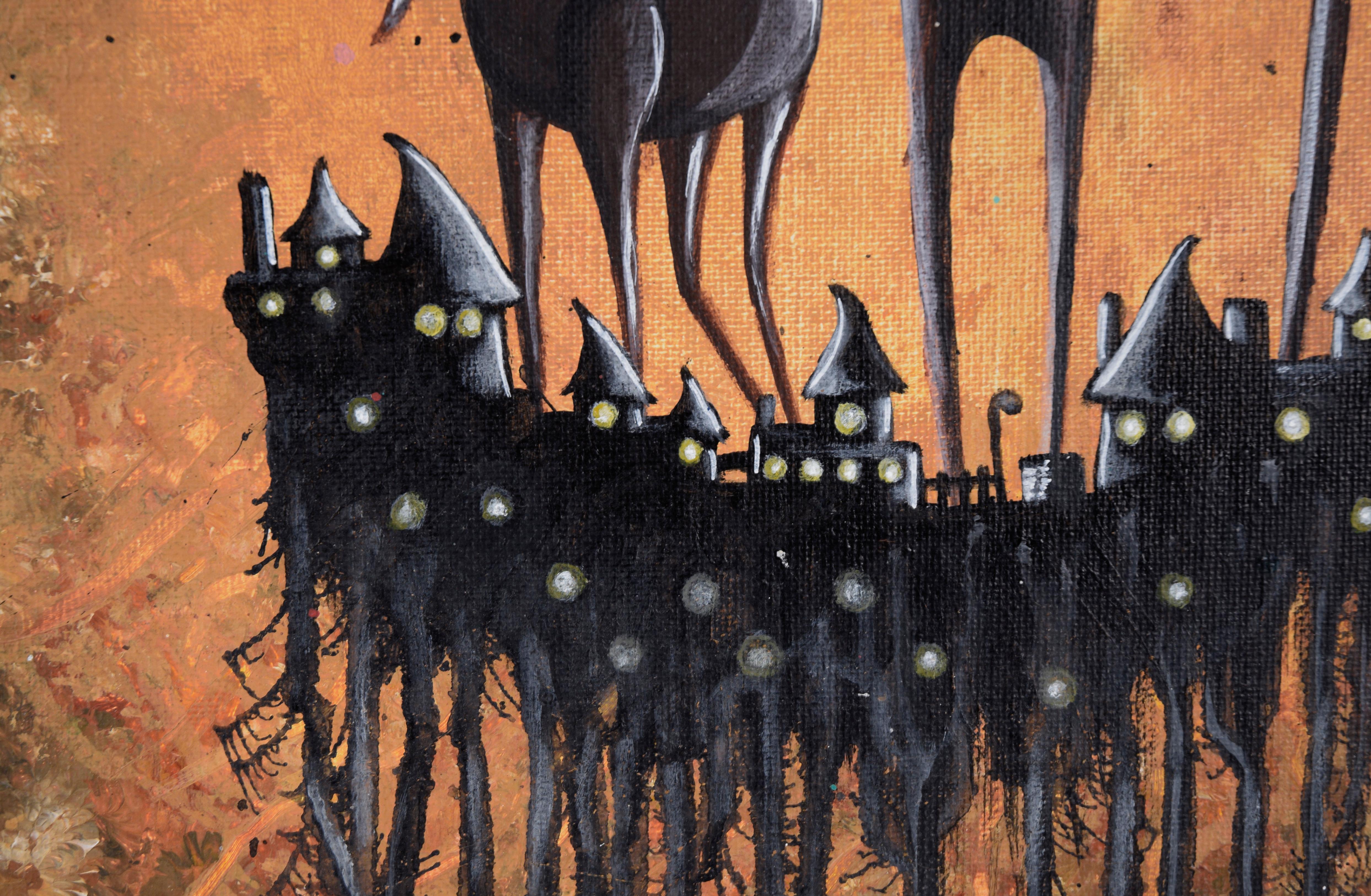 Entrando in città - Paesaggio fantastico surrealista in acrilico su tela - Figurative Painting Marrone di Joff Jones