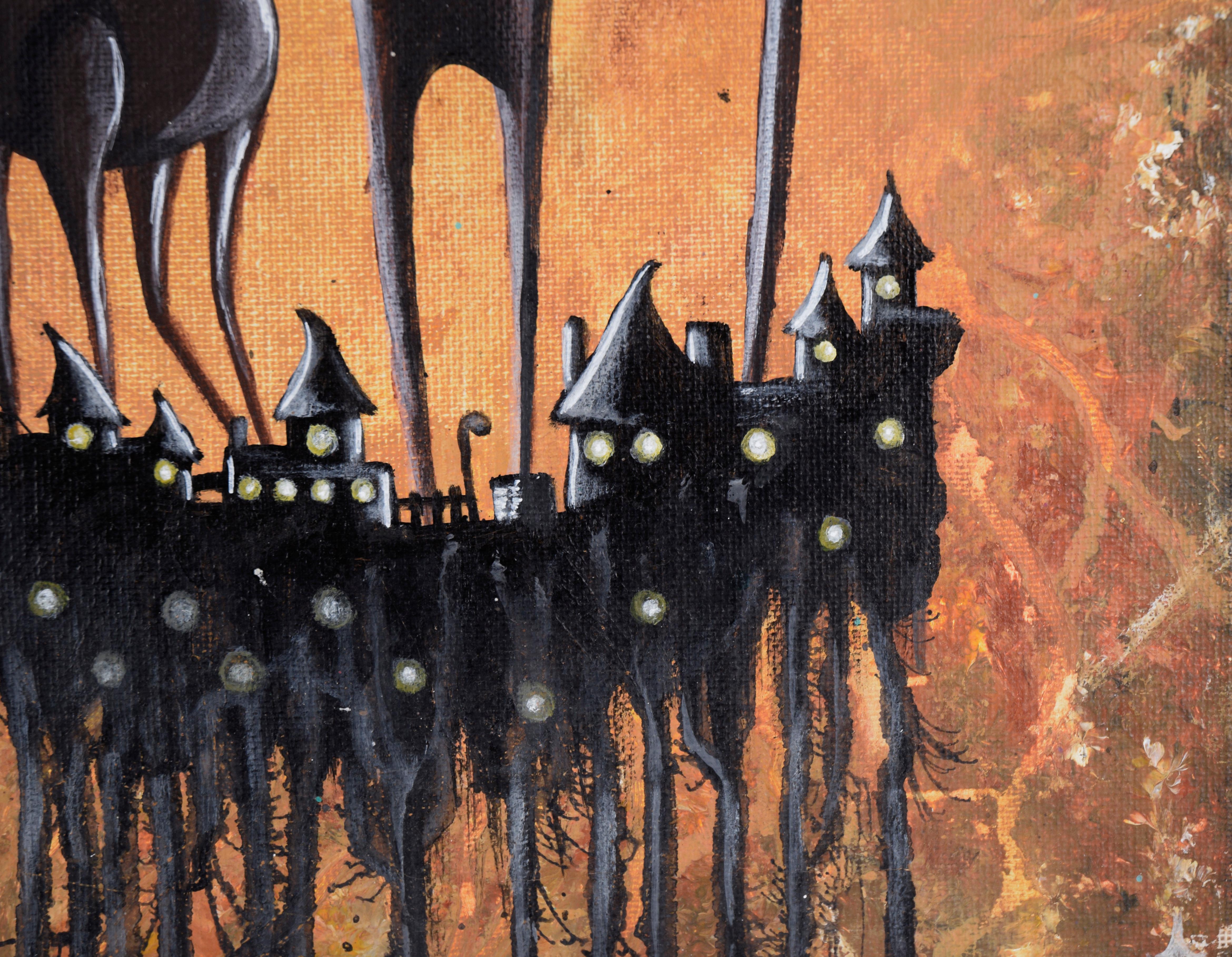 Entrando in città - Paesaggio fantastico surrealista in acrilico su tela

Audace scena surrealista dell'artista californiano Joff Jones (americano, nato nel 1992). Una figura dalle sembianze umane sta camminando verso una città, con una creatura a