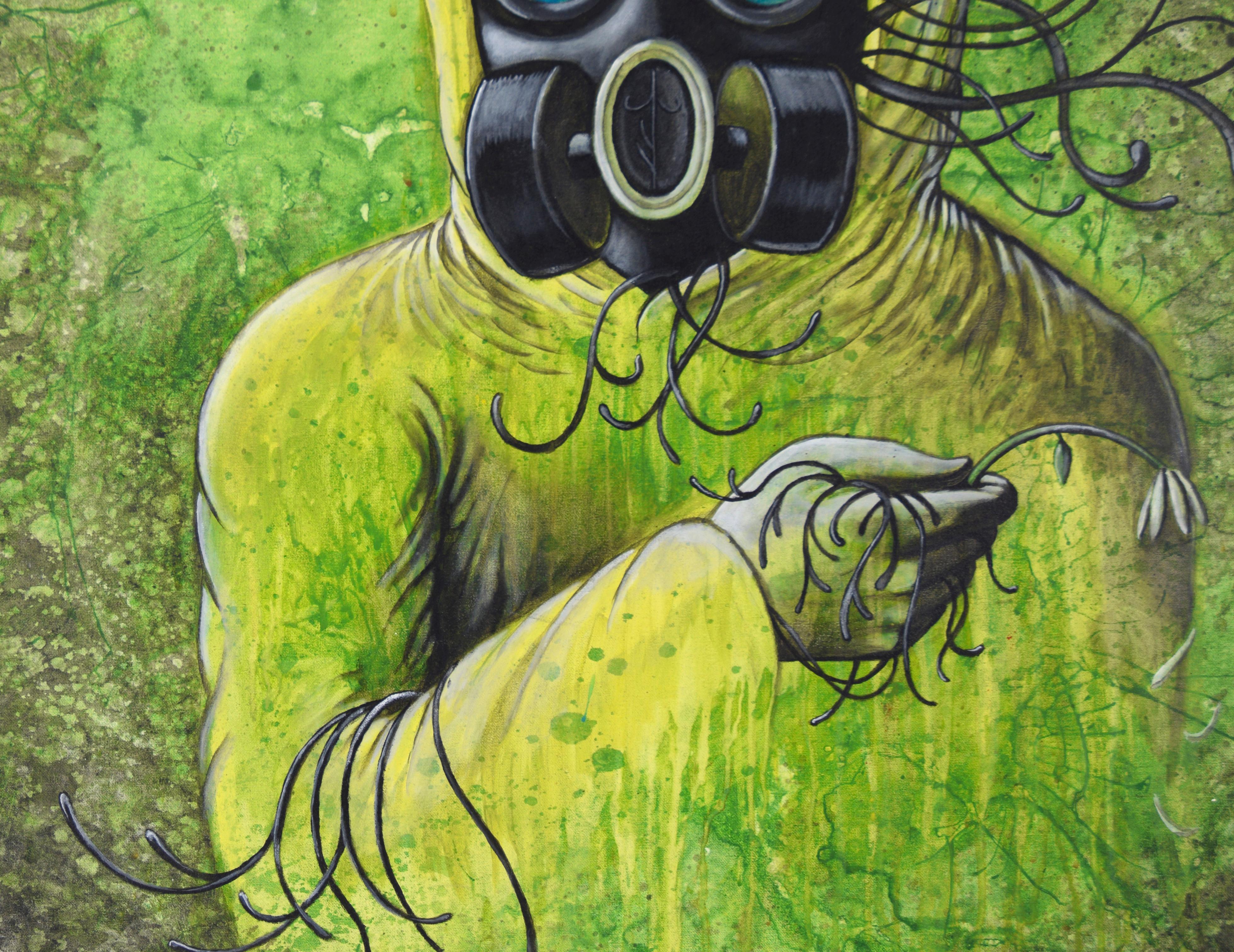Yo Futuro - Retrato Surrealista de Fantasía en Acrílico sobre Lienzo

Atrevido retrato surrealista del artista californiano Joff Jones (estadounidense, nacido en 1992). Una figura de aspecto humano lleva una máscara de gas y un traje de riesgo