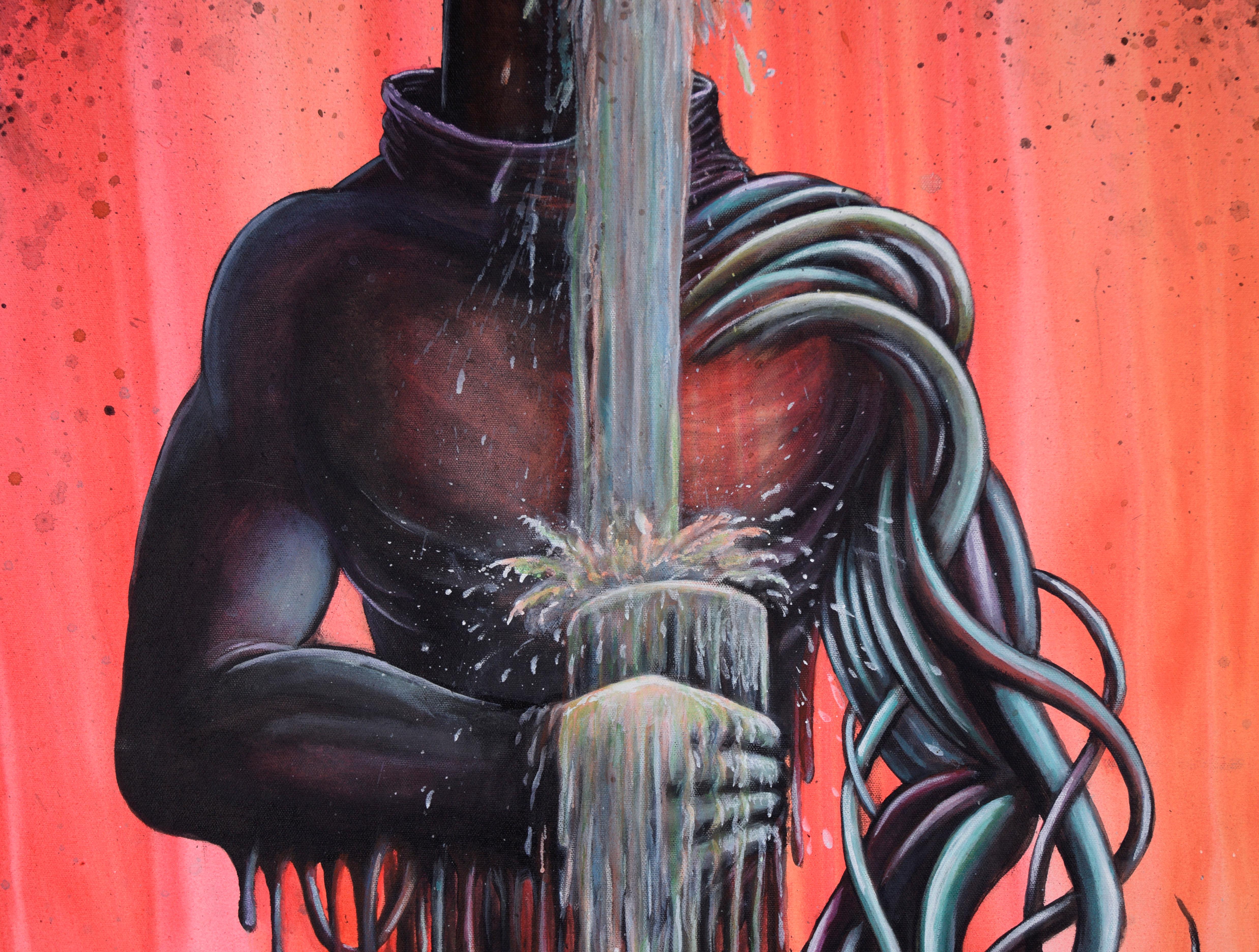 El guardián del agua - Retrato surrealista de fantasía en acrílico sobre lienzo - Figurative Painting Negro de Joff Jones