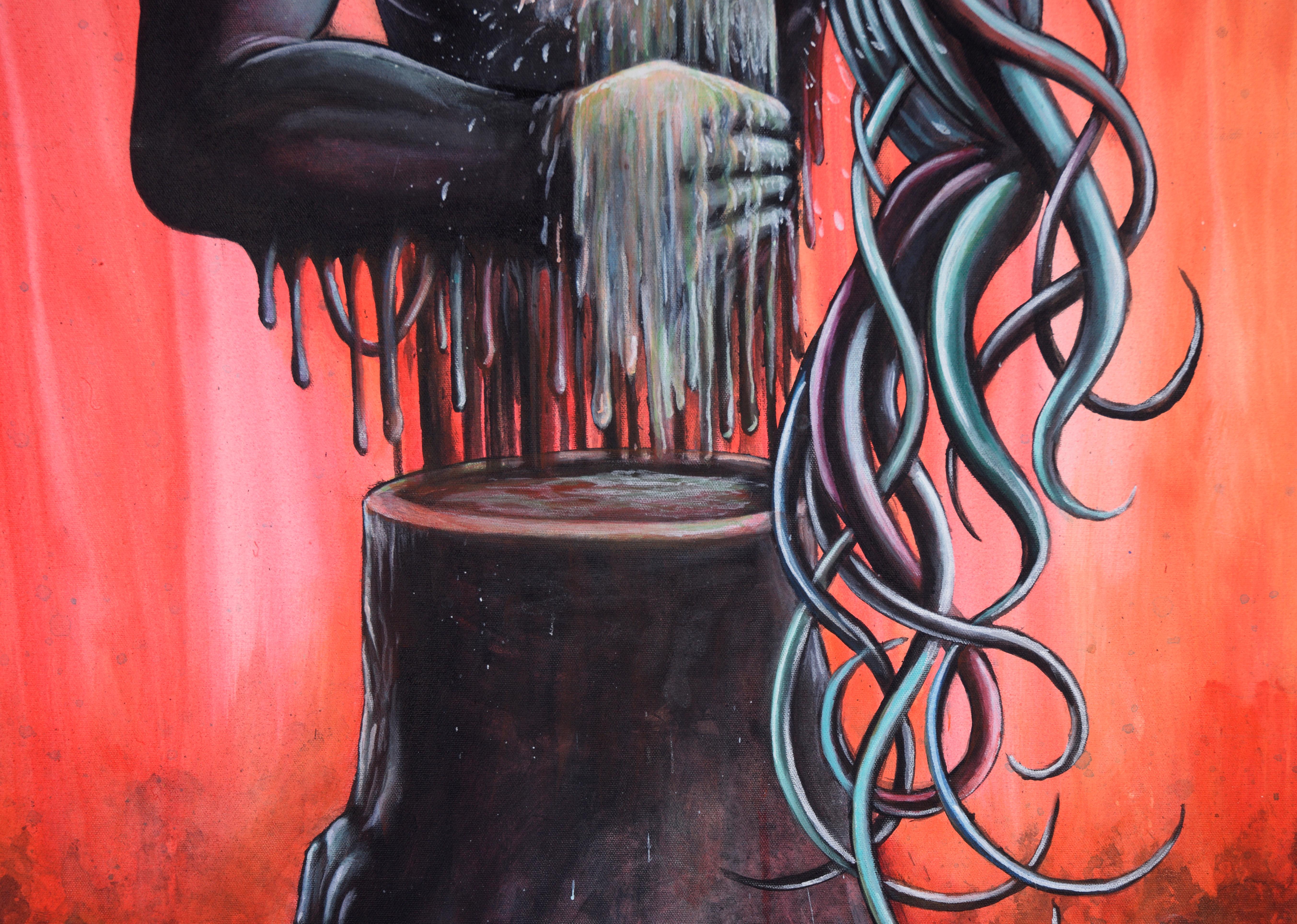 El guardián del agua - Retrato surrealista de fantasía en acrílico sobre lienzo

Atrevida escena surrealista del artista californiano Joff Jones (estadounidense, nacido en 1992). Una figura imponente con una espita por cabeza está de pie sobre un