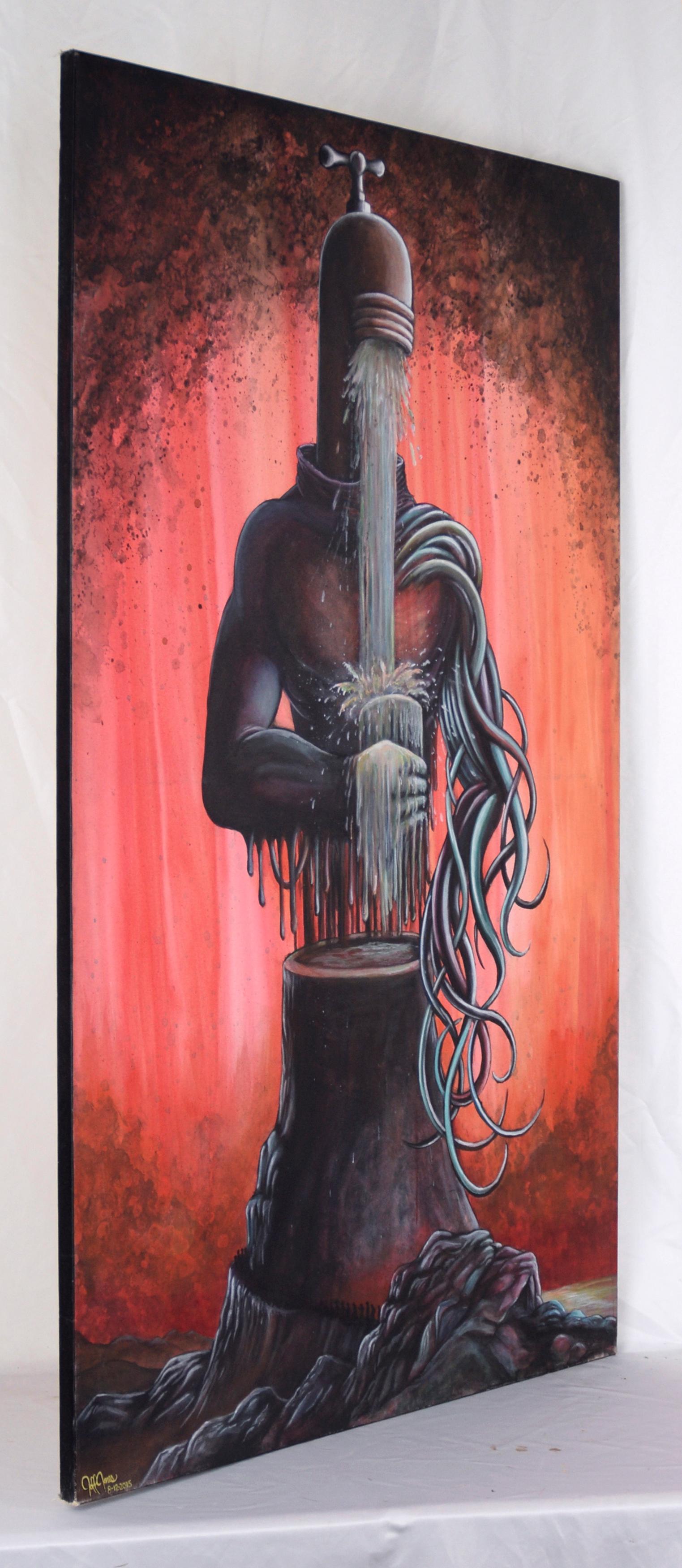 El guardián del agua - Retrato surrealista de fantasía en acrílico sobre lienzo en venta 3