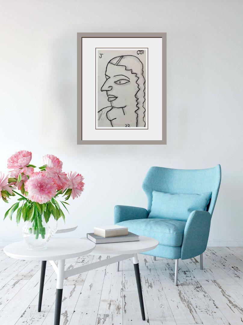 Face de femme avec pastel sec tressé sur papier de l'artiste Jogen Chowdhury « », en stock en vente 3