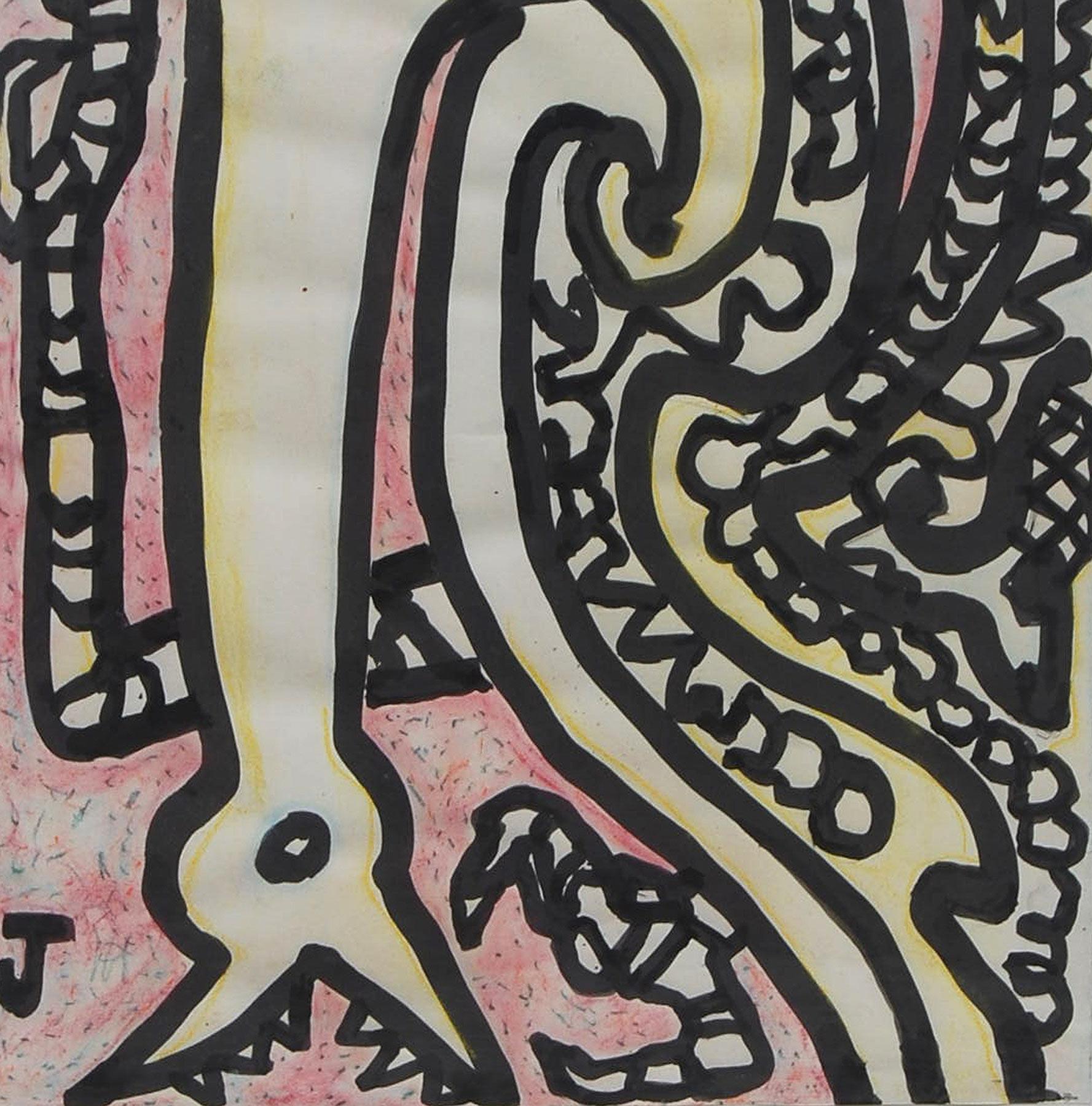 Bakasur-VII, Ink, Brush, Pastel, Pink, Yellow, Black by Indian Artist 