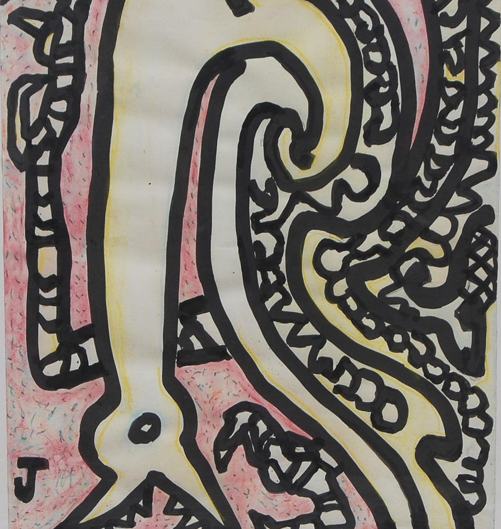 Bakasur-VII, Ink, Brush, Pastel, Pink, Yellow, Black by Indian Artist 